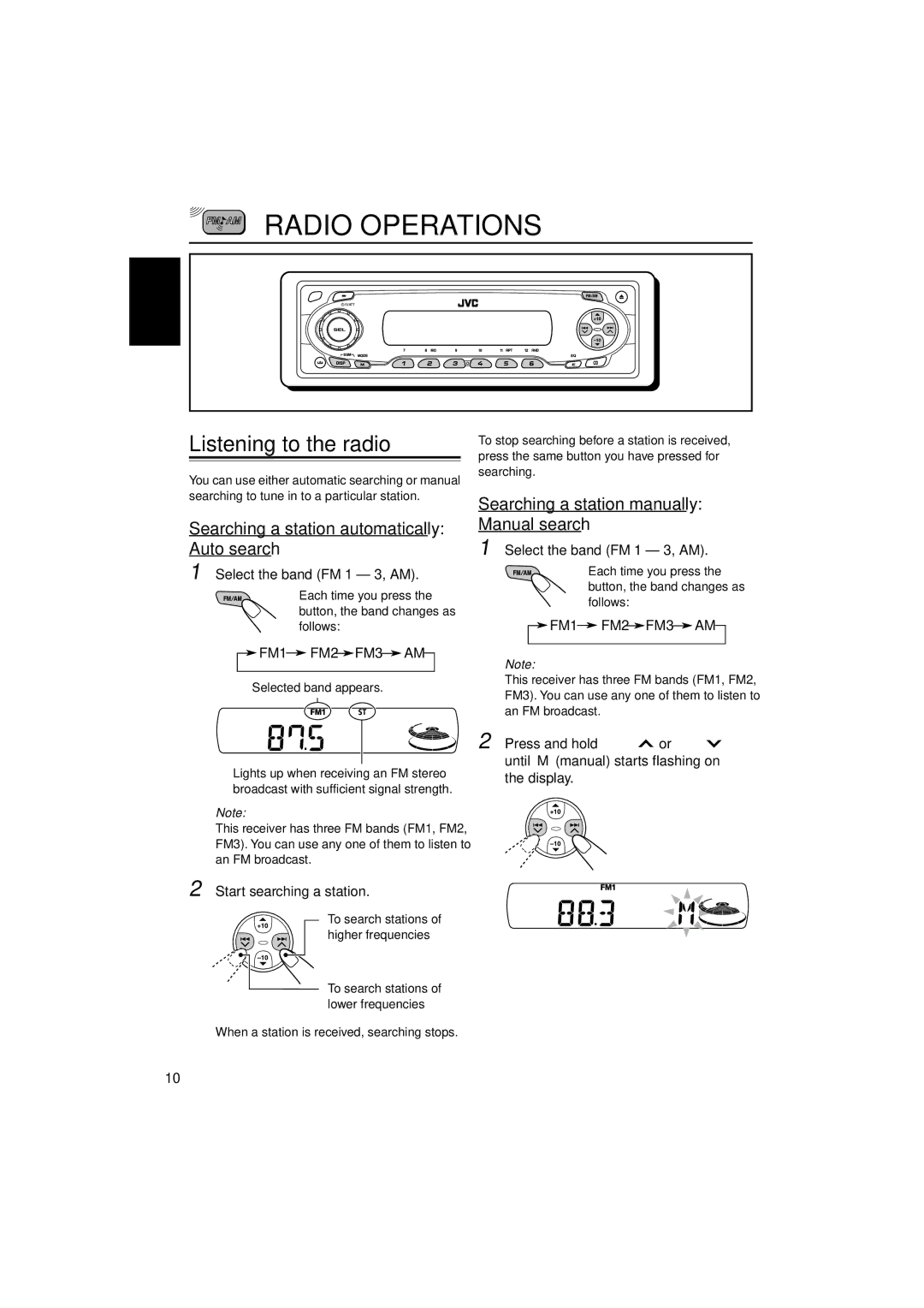 JVC KD-S790, KD-SC800 manual Radio Operations, Listening to the radio, Searching a station automatically Auto search 