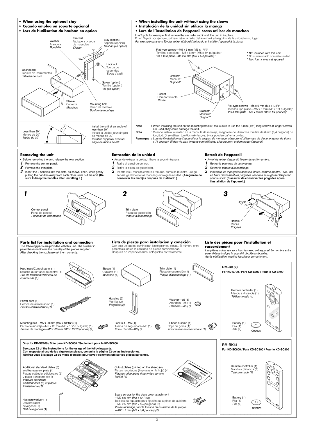 JVC manual Nota, Remarque, For KD-S790 / Para KD-S790 / Pour le KD-S790, For KD-SC800 / Para KD-SC800 / Pour le KD-SC800 