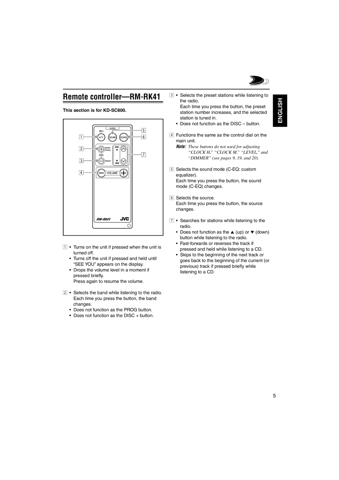 JVC KD-S790 manual Remote controller-RM-RK41, This section is for KD-SC800 