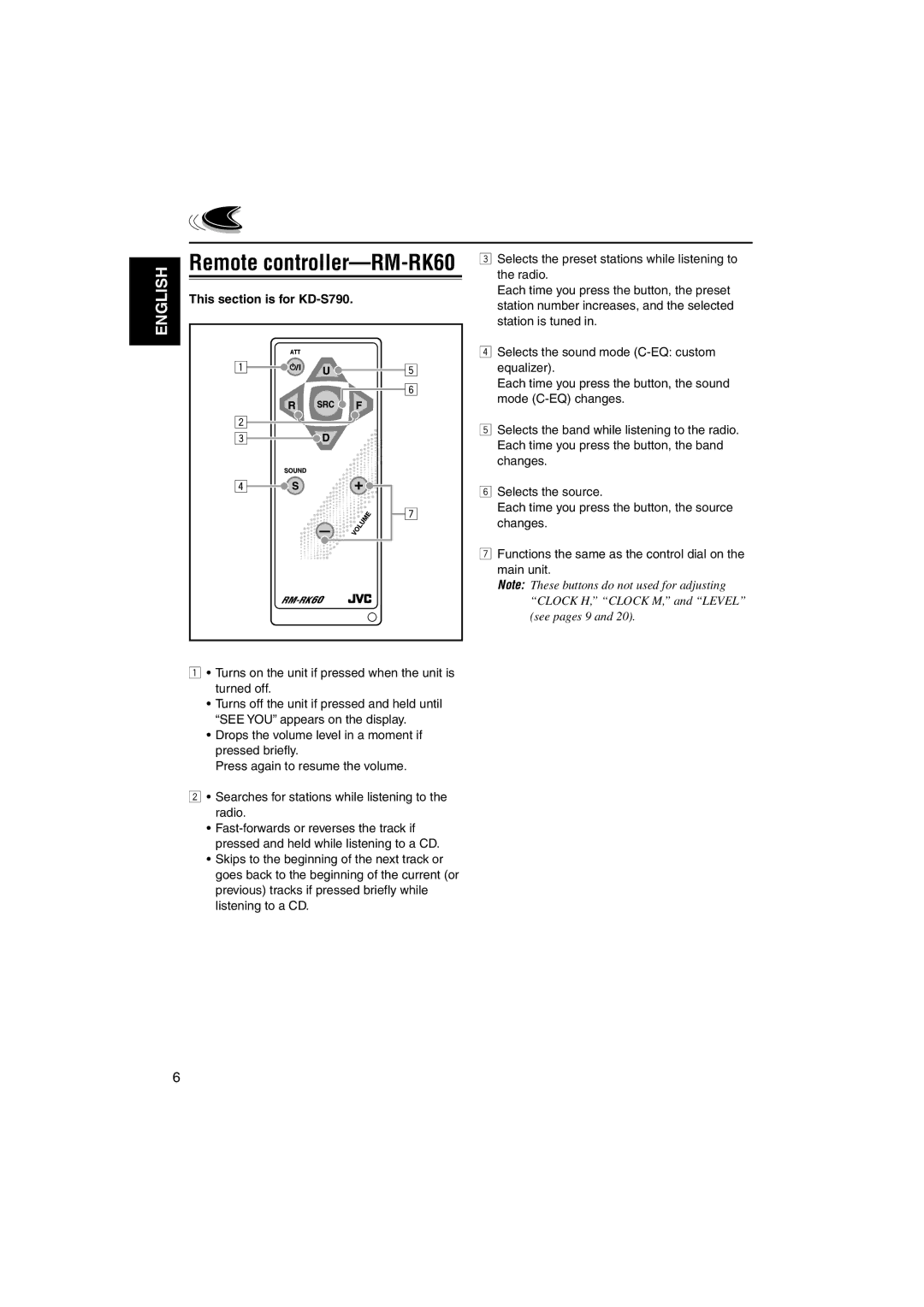 JVC KD-SC800 manual Remote controller-RM-RK60, This section is for KD-S790 