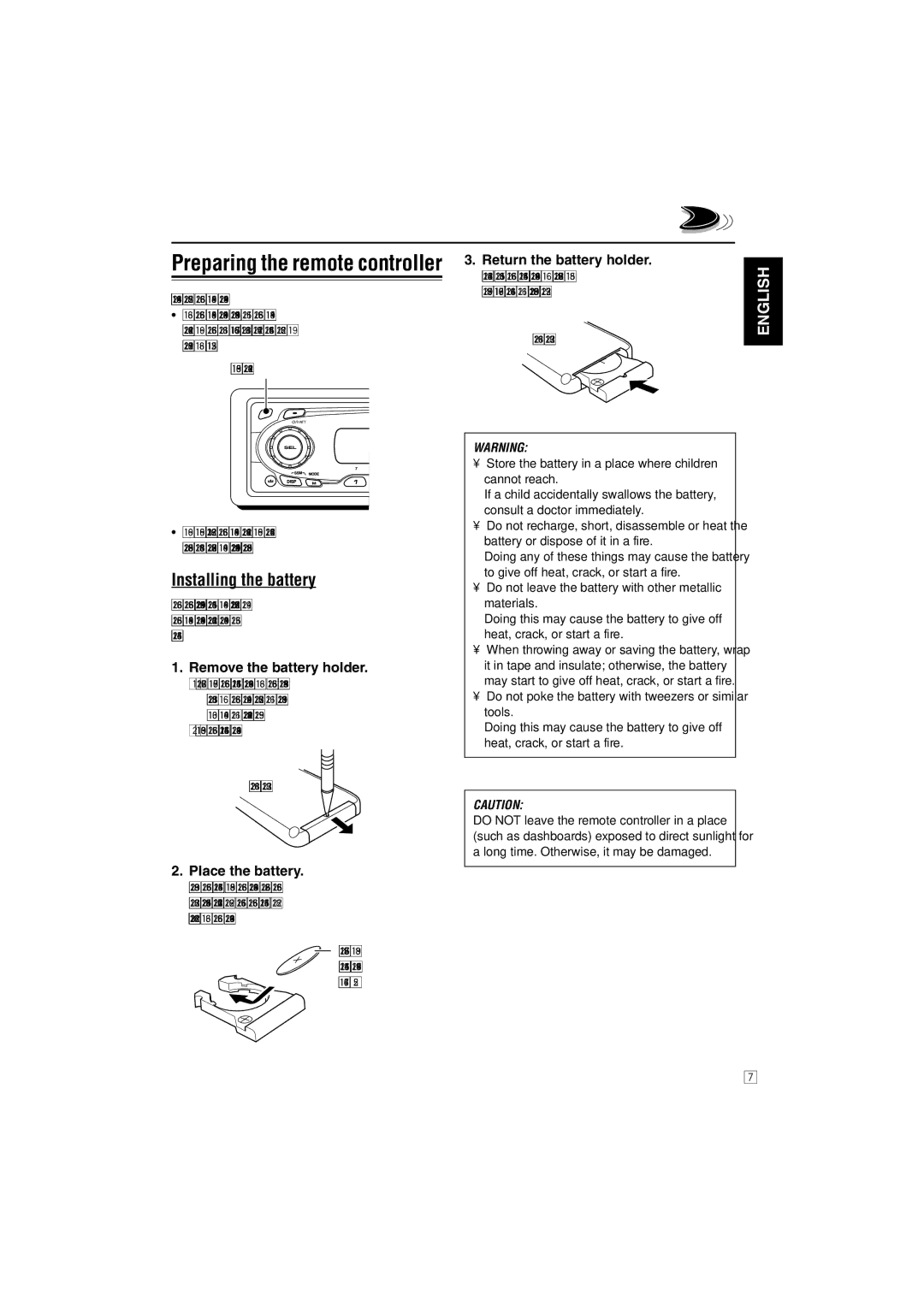 JVC KD-SC800 manual Preparing the remote controller, Installing the battery, Remove the battery holder, Place the battery 