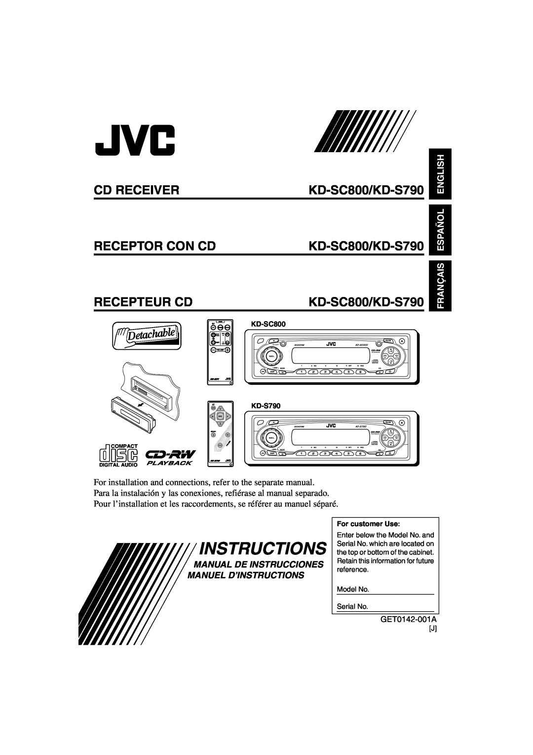 JVC manual Cd Receiver, Receptor Con Cd, Recepteur Cd, KD-SC800/KD-S790, Français Español English, Instructions 
