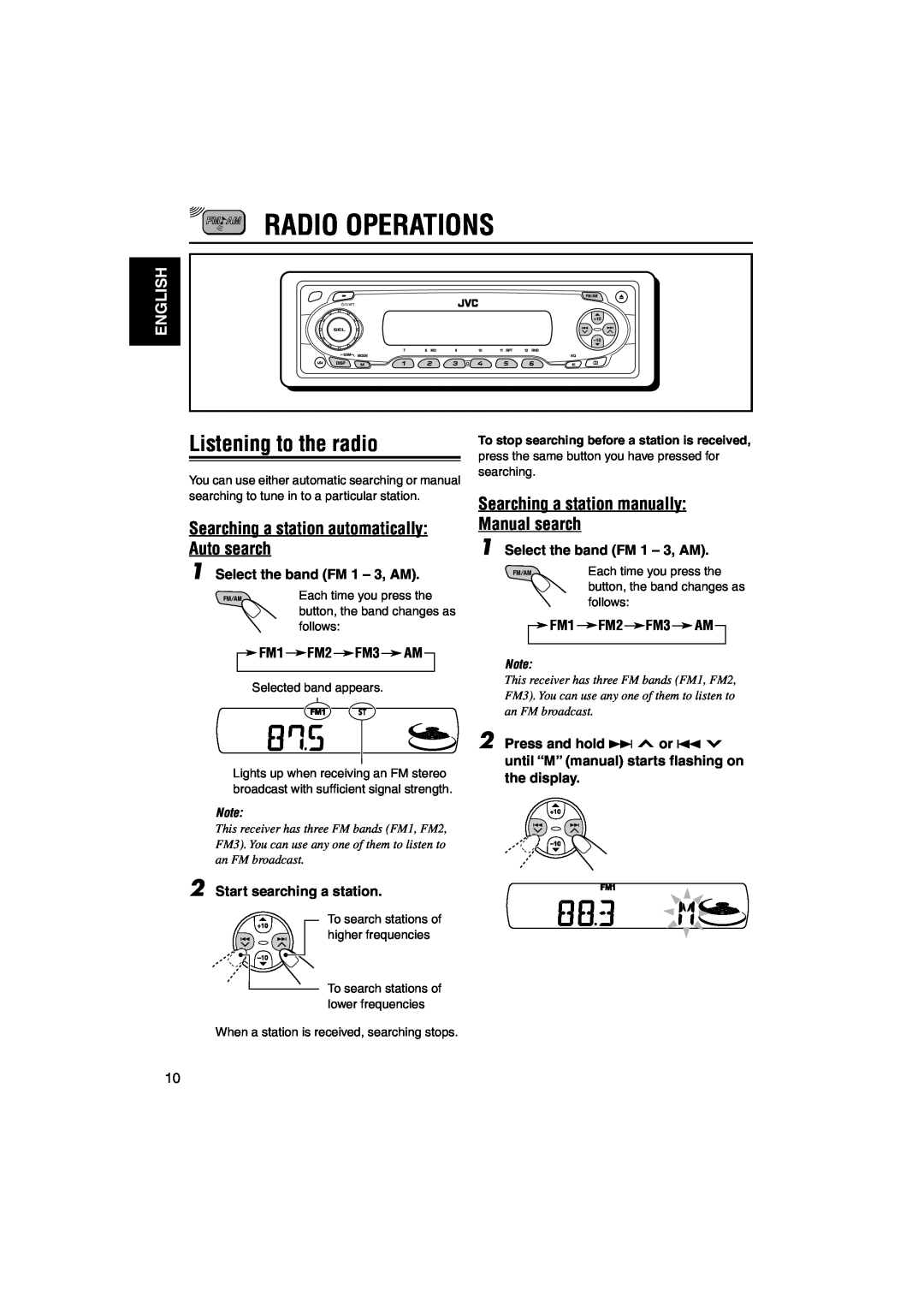 JVC KD-S790, KD-SC800 Radio Operations, Listening to the radio, Searching a station automatically Auto search, English 