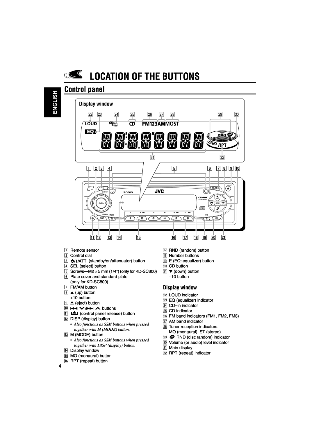 JVC KD-S790, KD-SC800 manual Location Of The Buttons, Control panel, Display window, English 