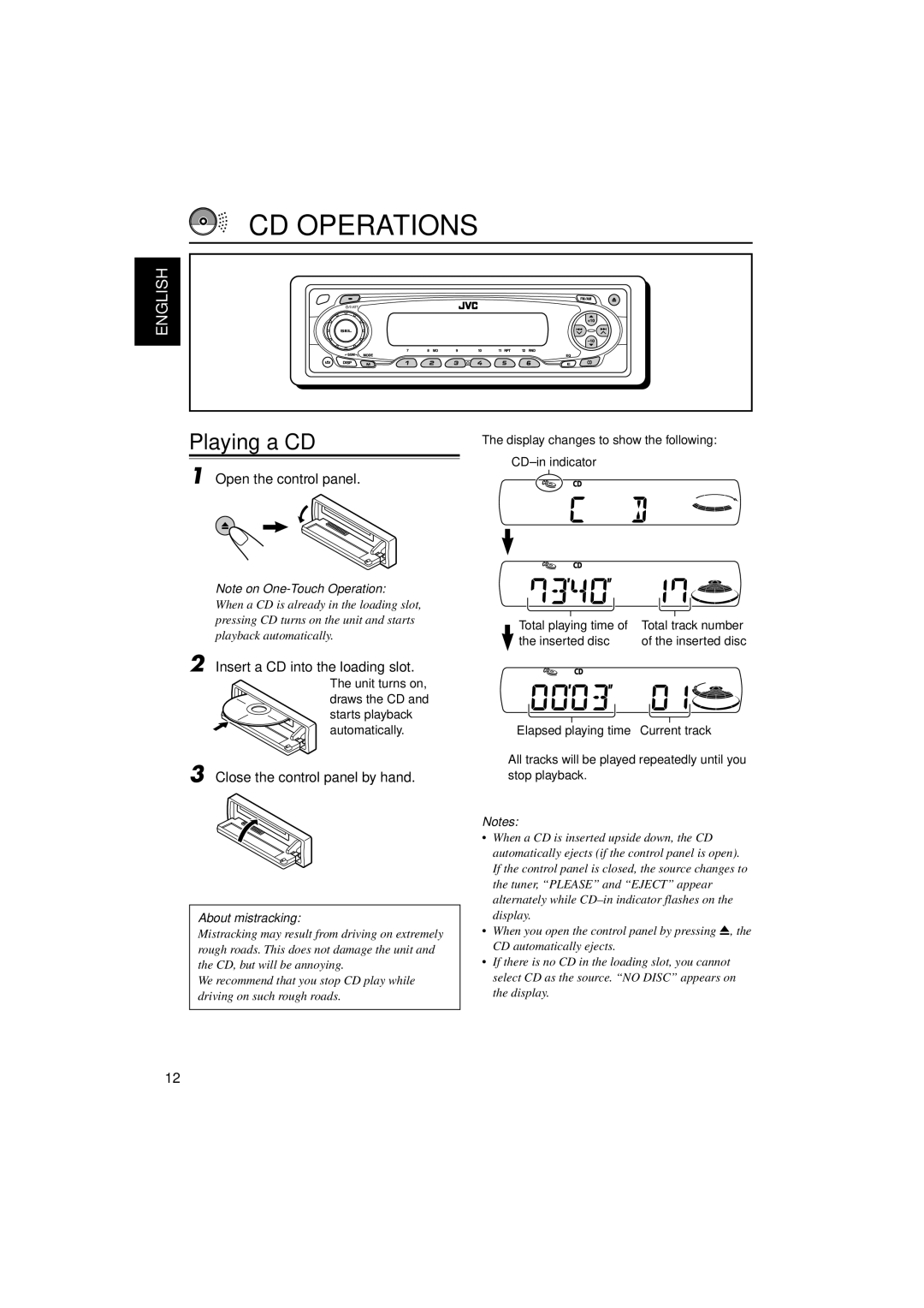 JVC KD-S795 manual CD Operations, Playing a CD, Open the control panel, Insert a CD into the loading slot 