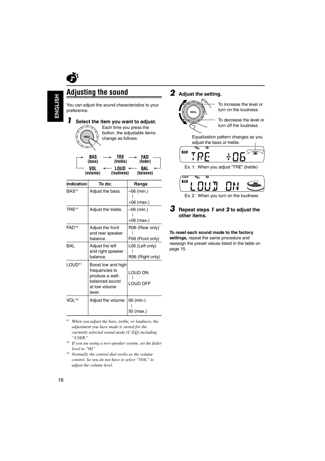 JVC KD-S795 manual Adjusting the sound, Adjust the setting, Select the item you want to adjust 