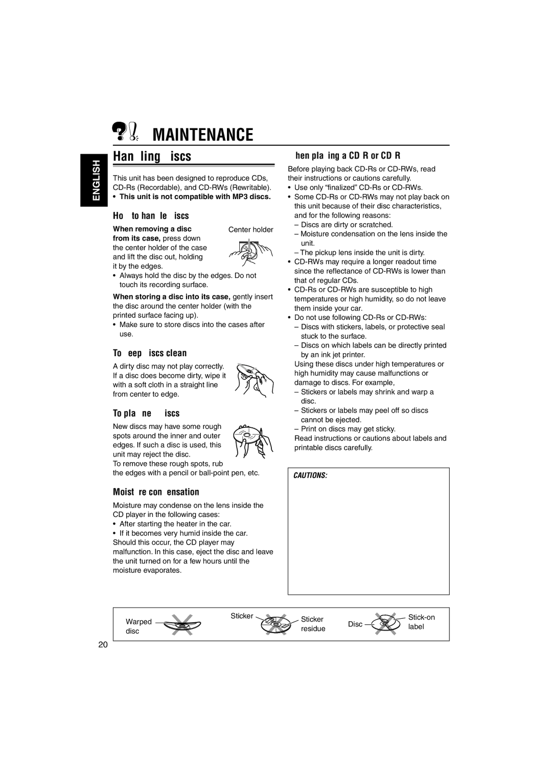 JVC KD-S795 manual Maintenance, Handling discs 