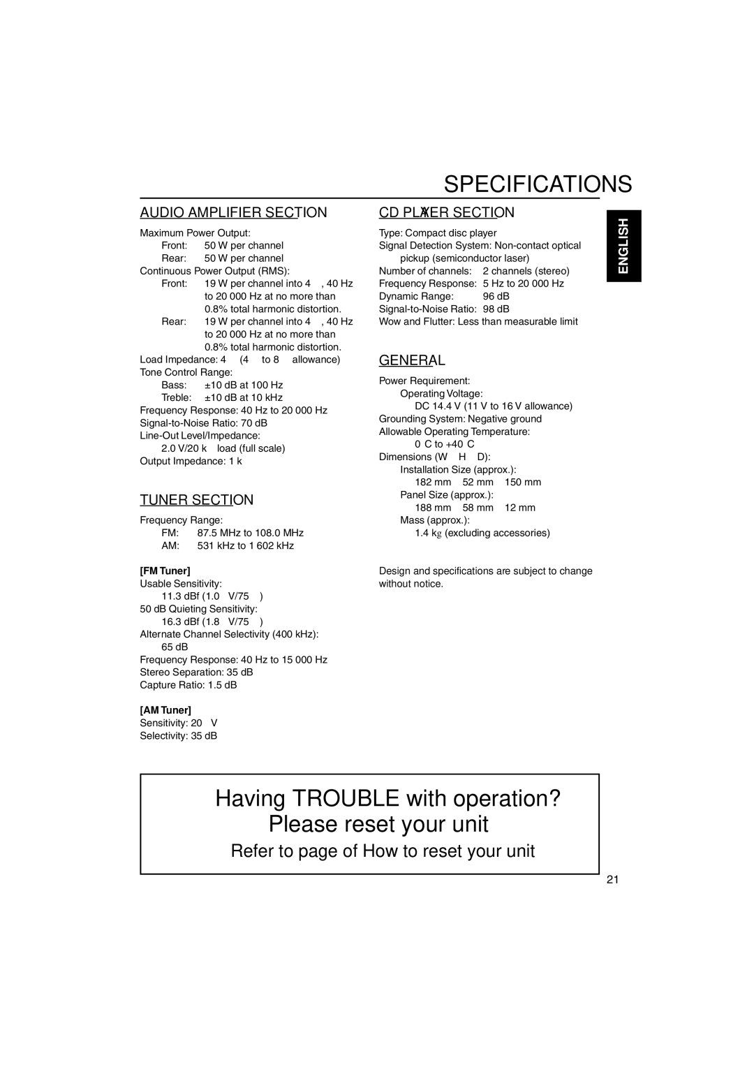 JVC KD-S795 manual Specifications, Refer to page of How to reset your unit, FM Tuner, AM Tuner 