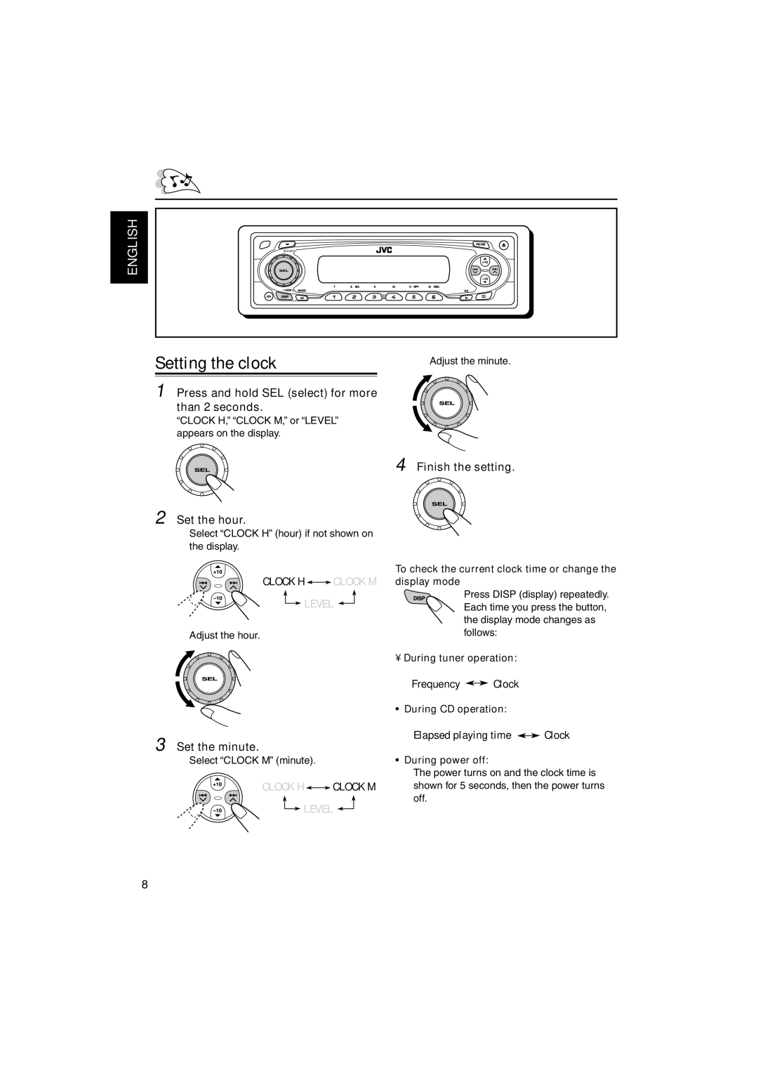 JVC KD-S795 manual Setting the clock 