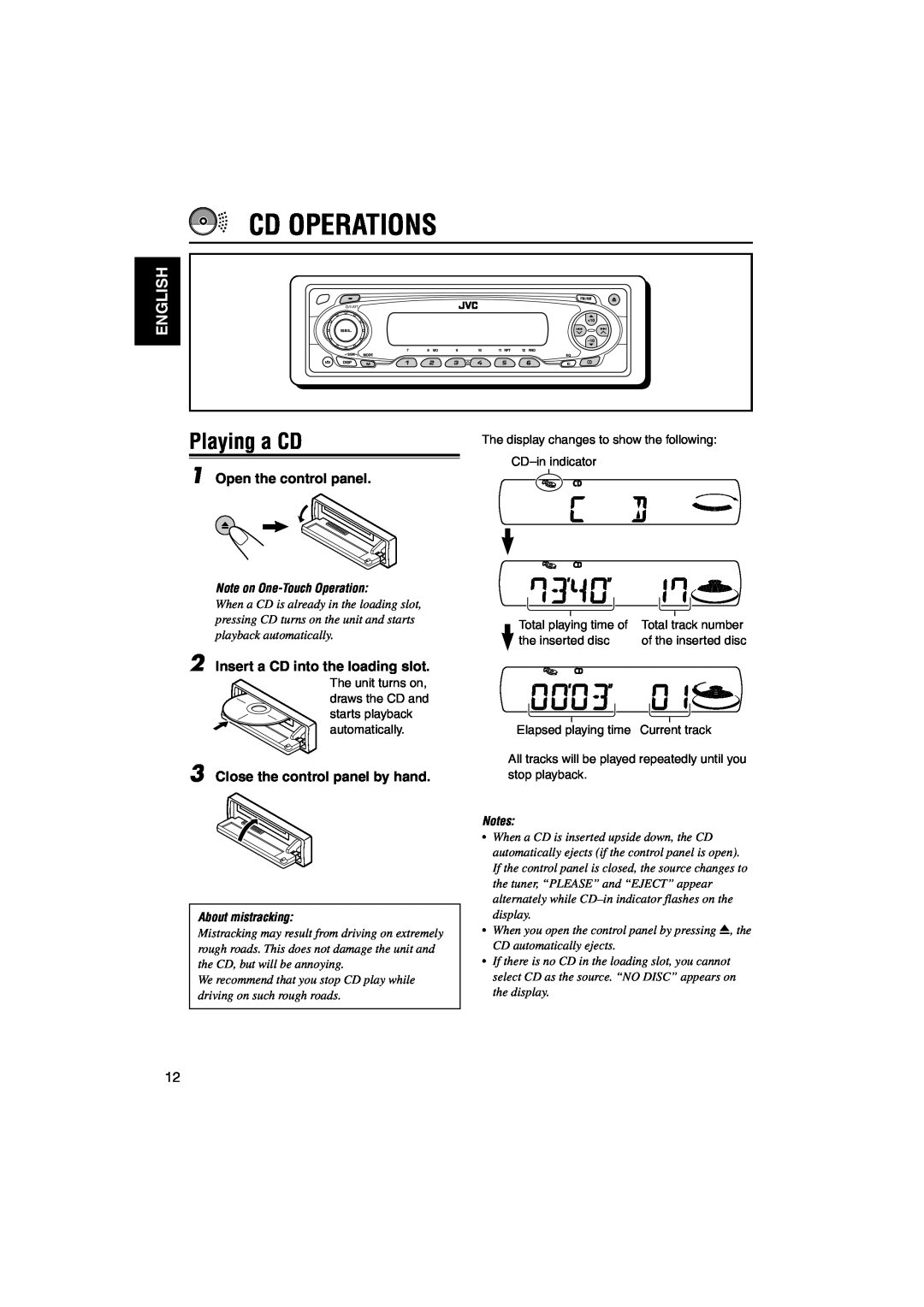 JVC KD-S795 manual Cd Operations, Playing a CD, English, Open the control panel, Insert a CD into the loading slot 