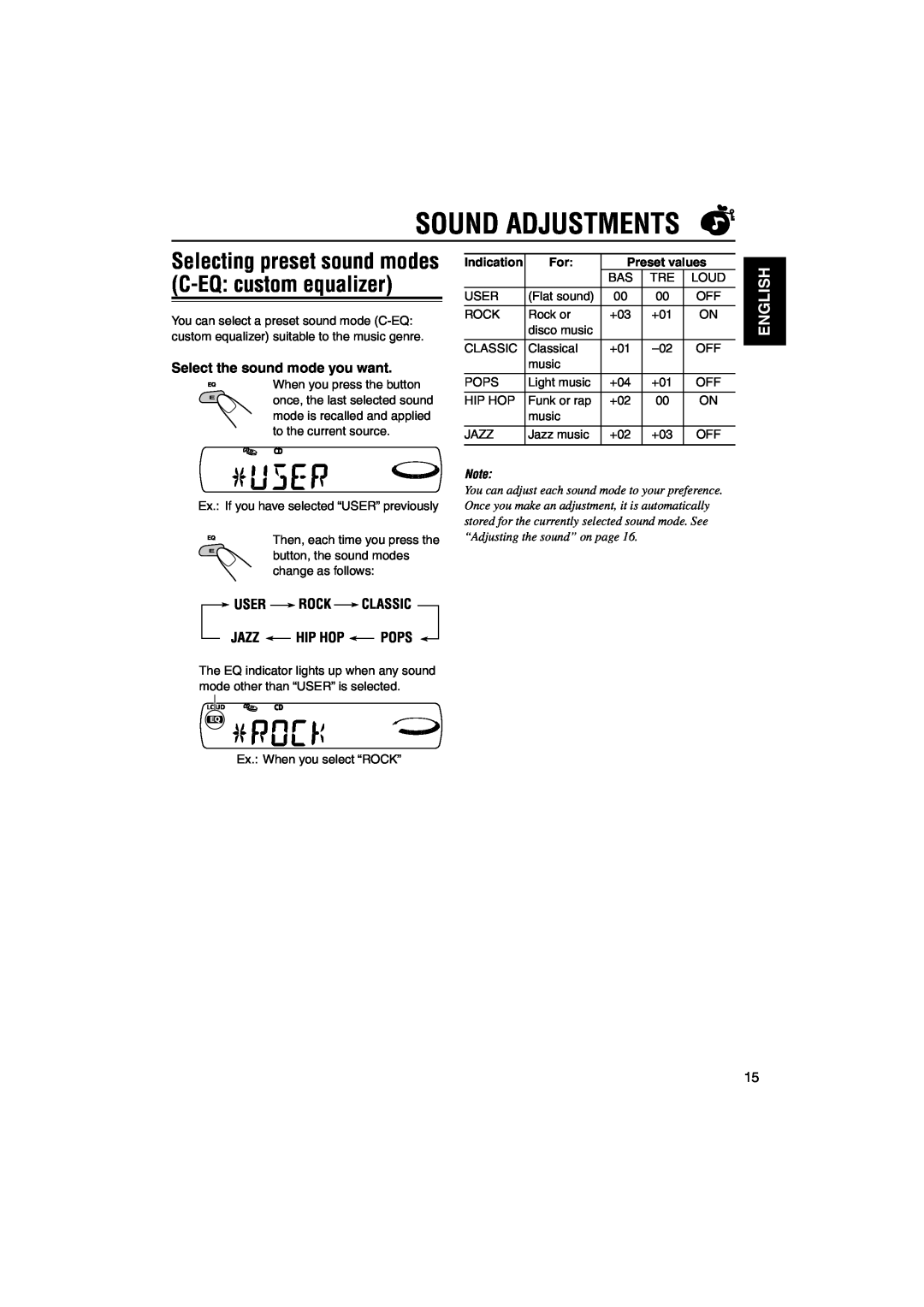 JVC KD-S795 Sound Adjustments, English, Select the sound mode you want, User Rock Classic Jazz Hip Hop Pops, Preset values 