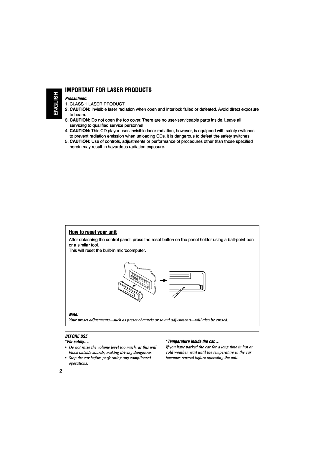 JVC KD-S795 manual Important For Laser Products, English, How to reset your unit, Precautions, BEFORE USE For safety 