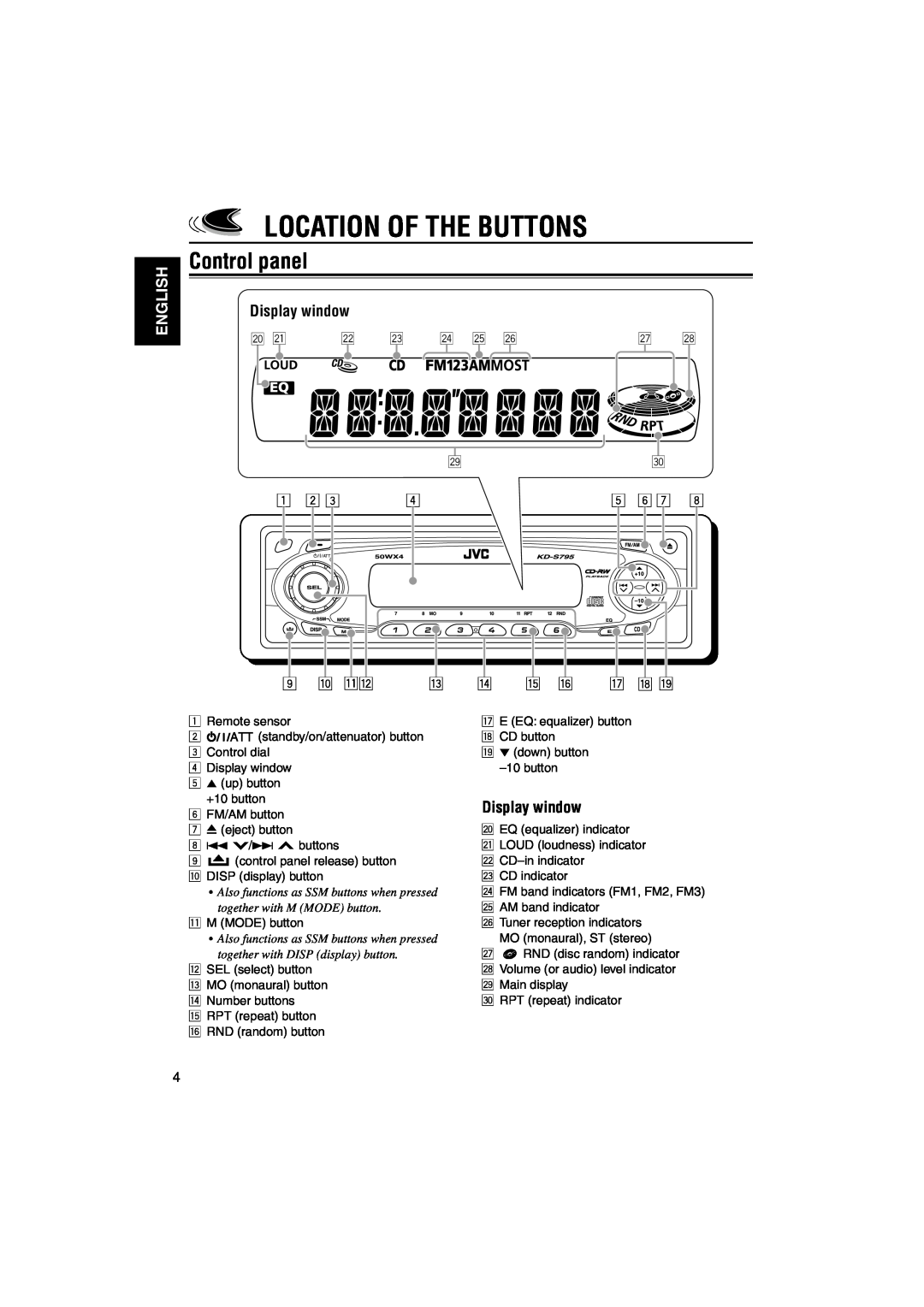 JVC KD-S795 manual Location Of The Buttons, Control panel, English, Display window 