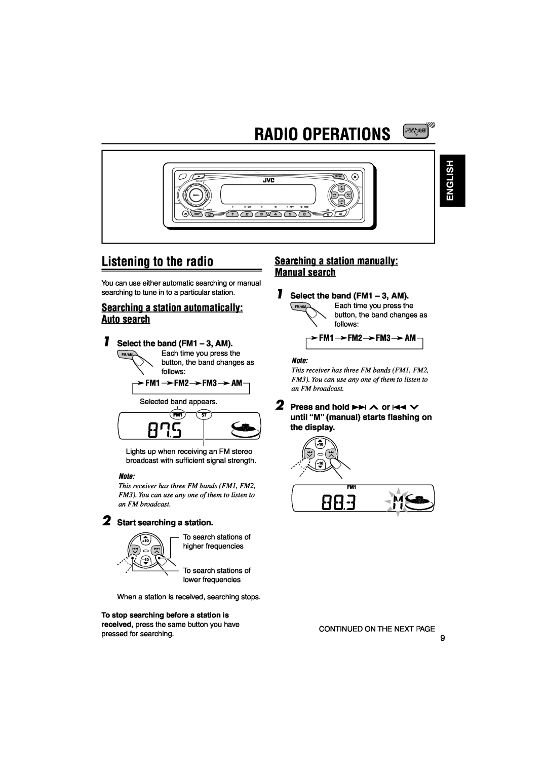 JVC KD-S795 manual Radio Operations, Listening to the radio, Searching a station automatically Auto search, English 