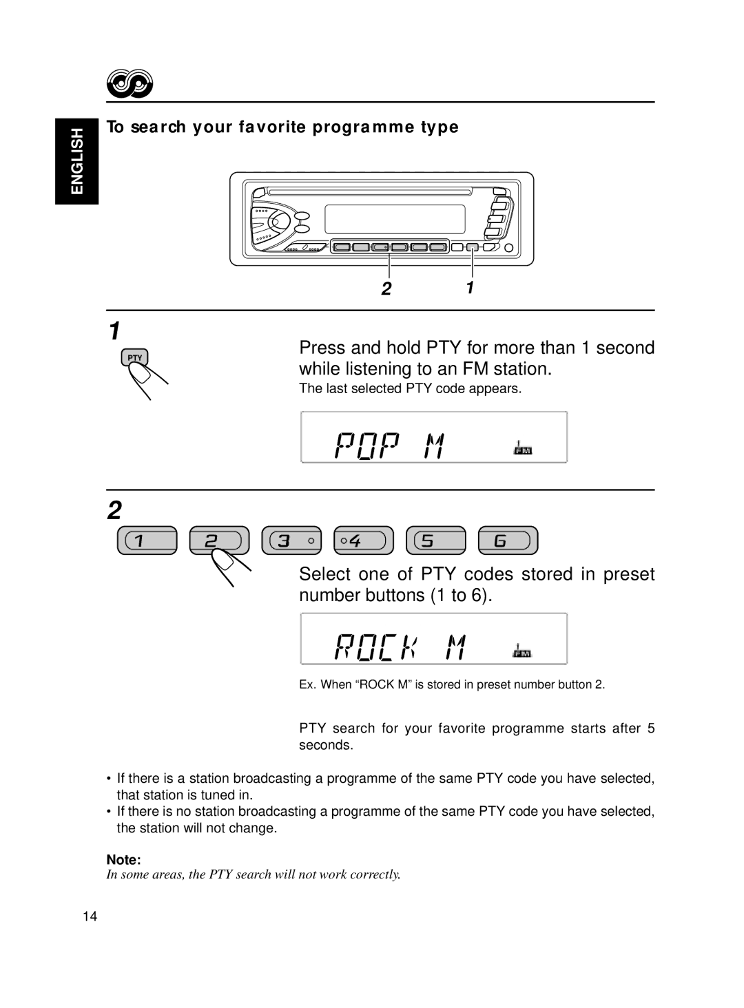 JVC KD-S7R, KD-S70R manual Press and hold PTY for more than 1 second, While listening to an FM station 