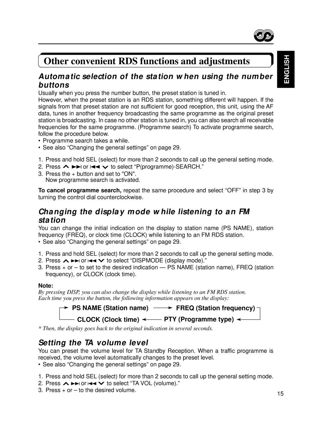 JVC KD-S70R Other convenient RDS functions and adjustments, Changing the display mode while listening to an FM station 