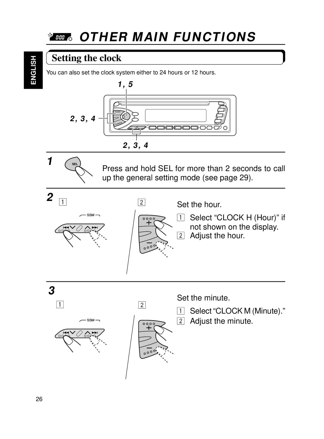 JVC KD-S7R, KD-S70R manual Other Main Functions, Setting the clock 