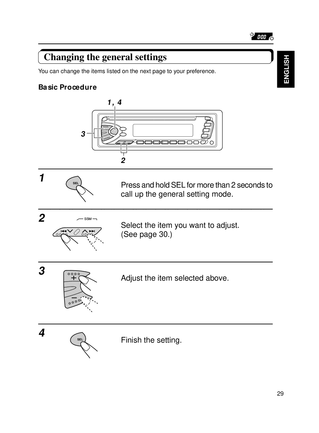 JVC KD-S70R, KD-S7R manual Changing the general settings, Basic Procedure 