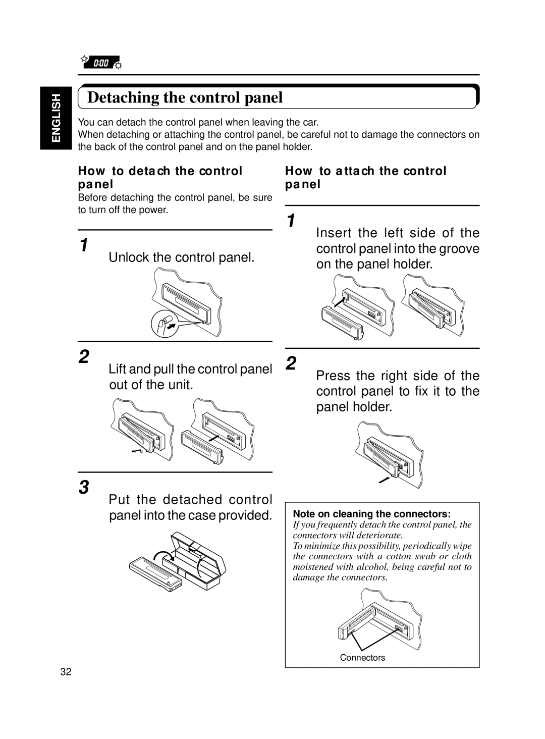 JVC KD-S7R, KD-S70R manual Detaching the control panel, Unlock the control panel, How to detach the control panel 