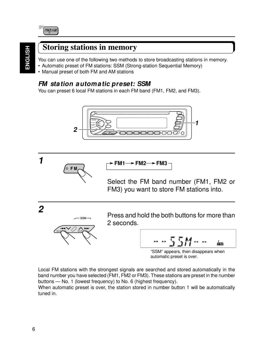 JVC KD-S7R, KD-S70R manual Storing stations in memory, FM station automatic preset SSM 