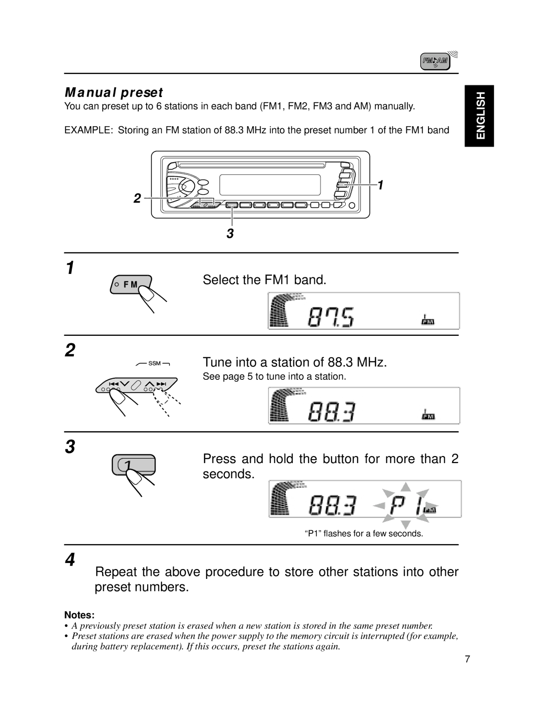 JVC KD-S70R, KD-S7R manual Manual preset, Tune into a station of 88.3 MHz, Press and hold the button for more than 2 seconds 