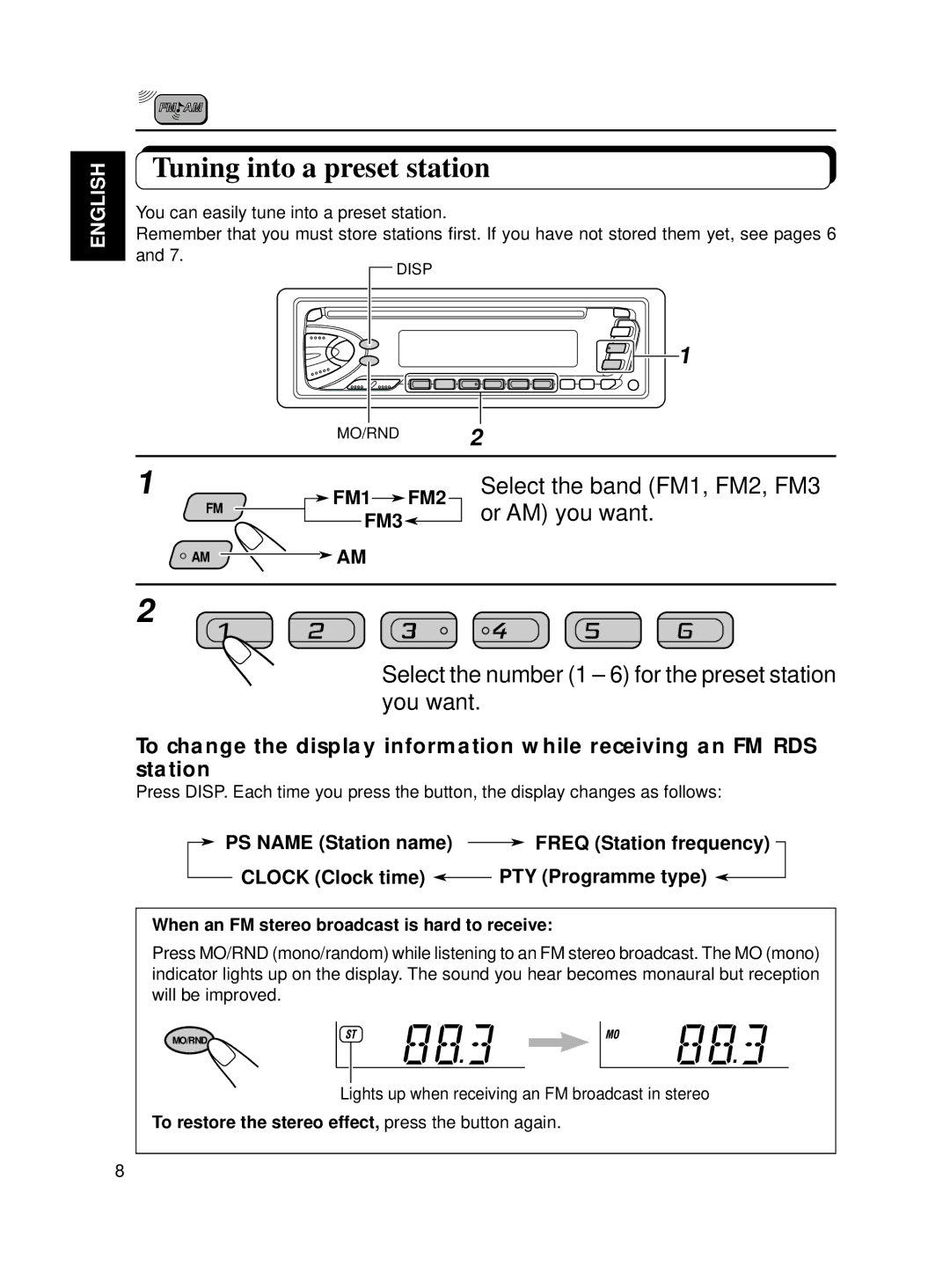 JVC KD-S7R, KD-S70R manual Tuning into a preset station, Select the number 1 6 for the preset station you want 