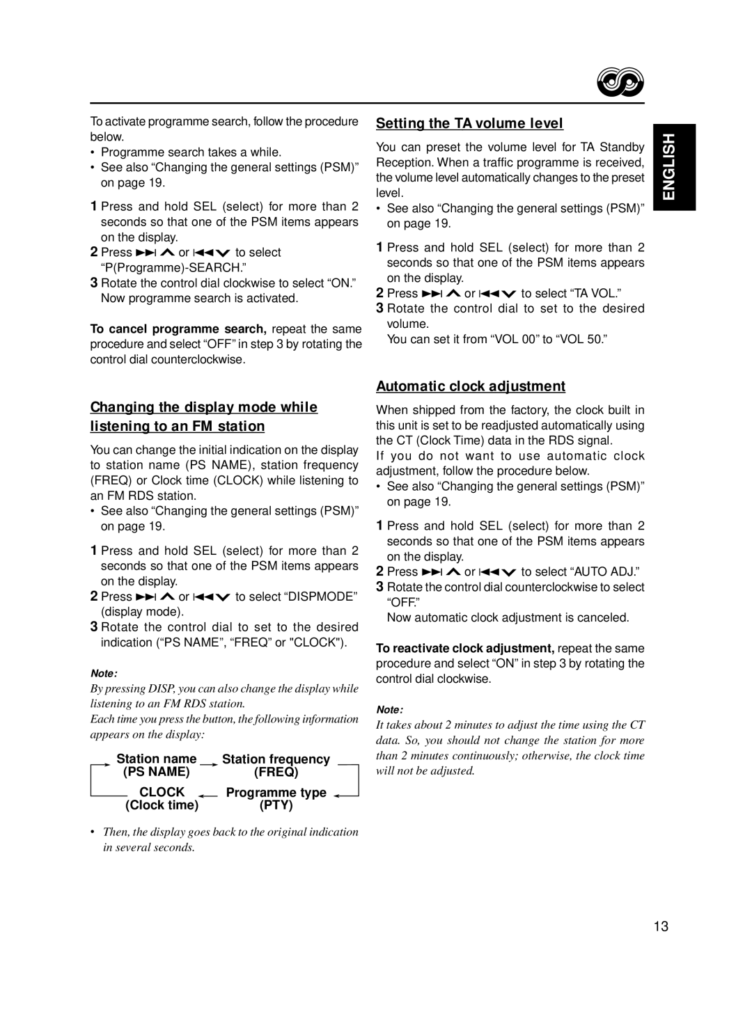 JVC KD-S811R manual Setting the TA volume level, Automatic clock adjustment 