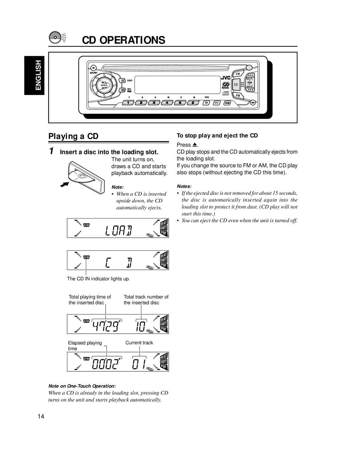 JVC KD-S811R manual CD Operations, Playing a CD, To stop play and eject the CD, Insert a disc into the loading slot 