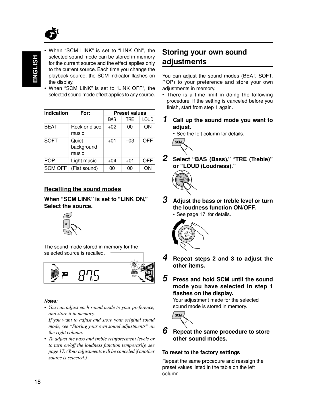 JVC KD-S811R manual Storing your own sound adjustments, Recalling the sound modes, To reset to the factory settings 