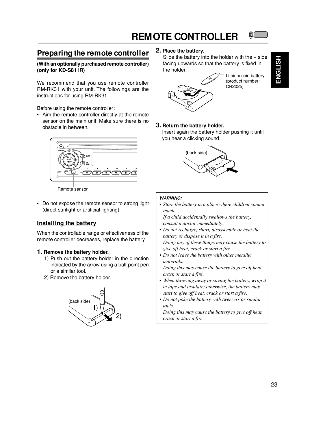 JVC KD-S811R manual Remote Controller, Installing the battery, Remove the battery holder, Place the battery 