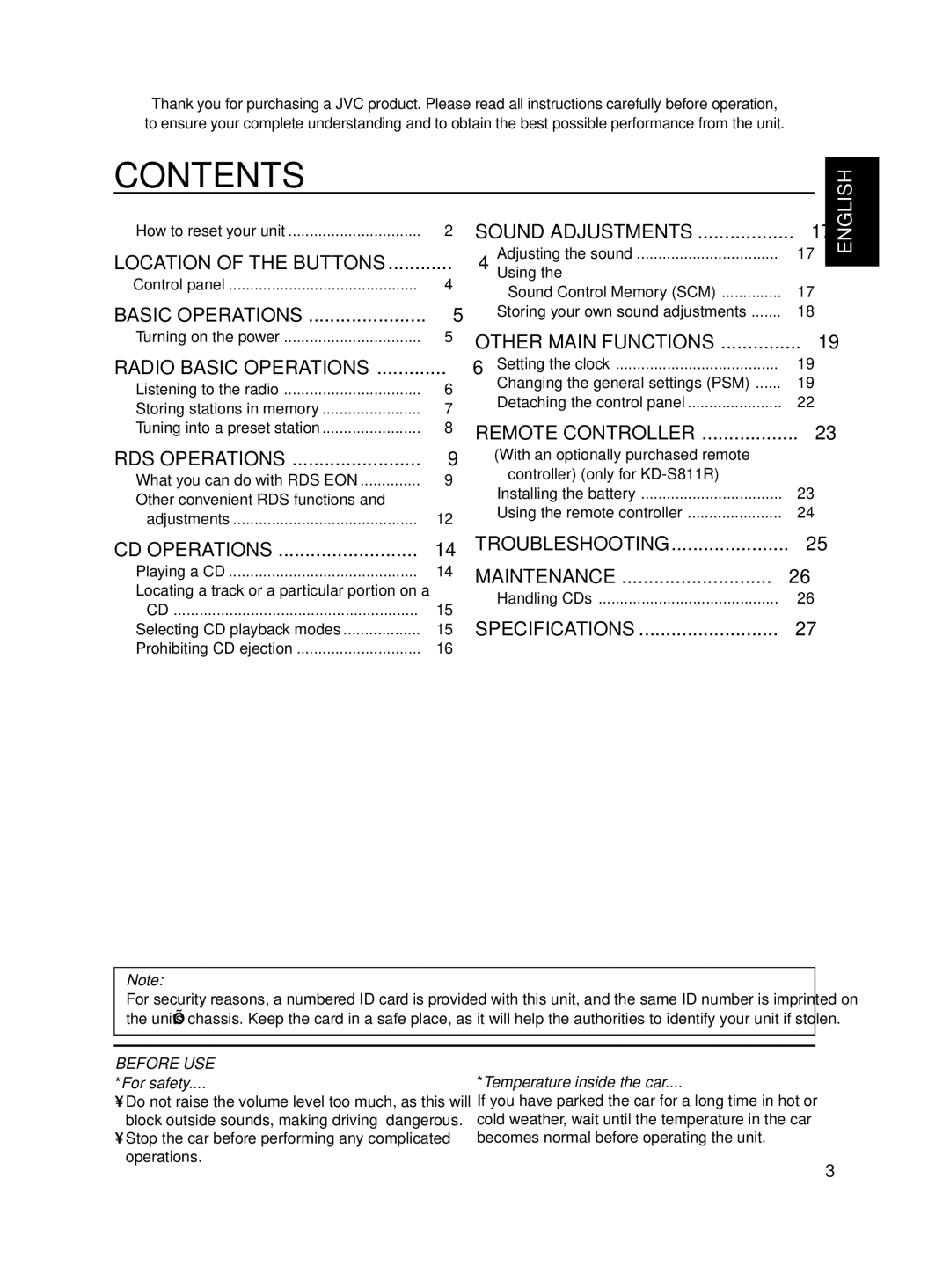 JVC KD-S811R manual Contents 