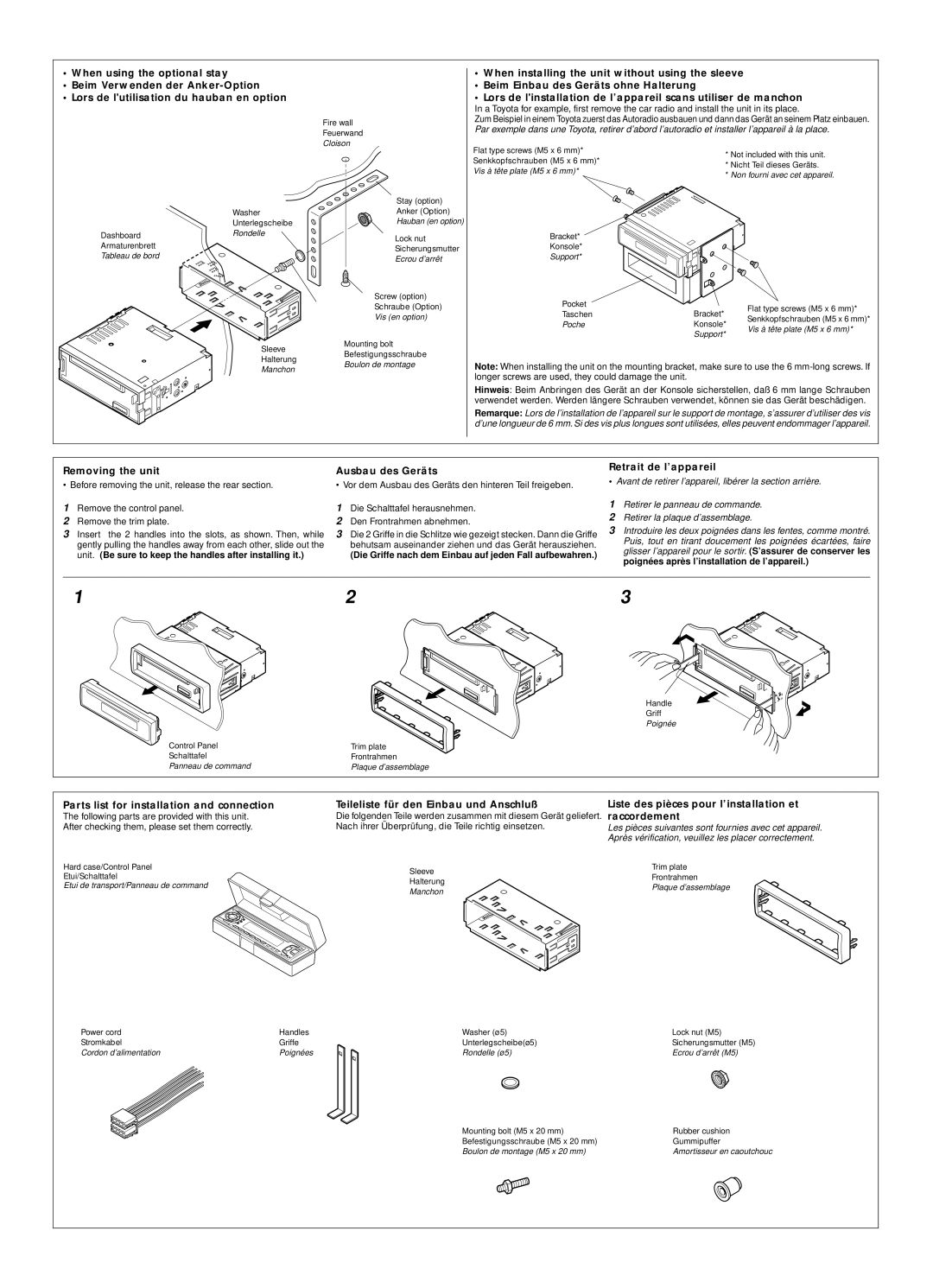 JVC KD-S811R manual Removing the unit, Die Griffe nach dem Einbau auf jeden Fall aufbewahren 