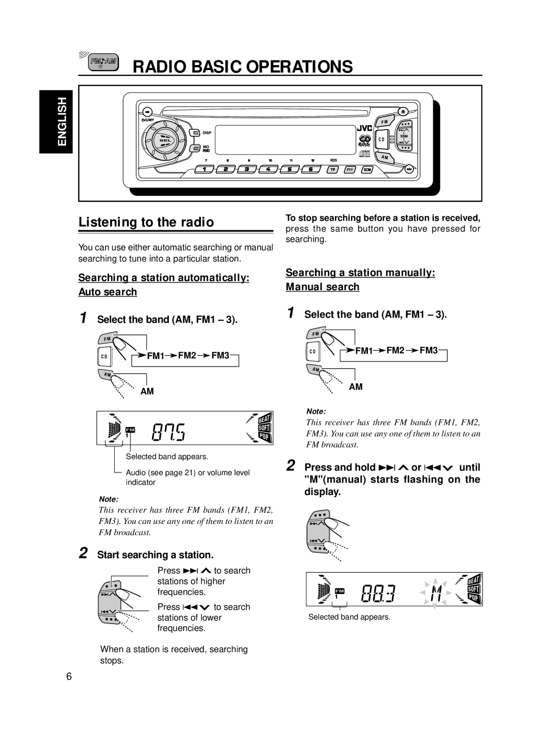 JVC KD-S811R manual Radio Basic Operations, Listening to the radio, Searching a station automatically Auto search 