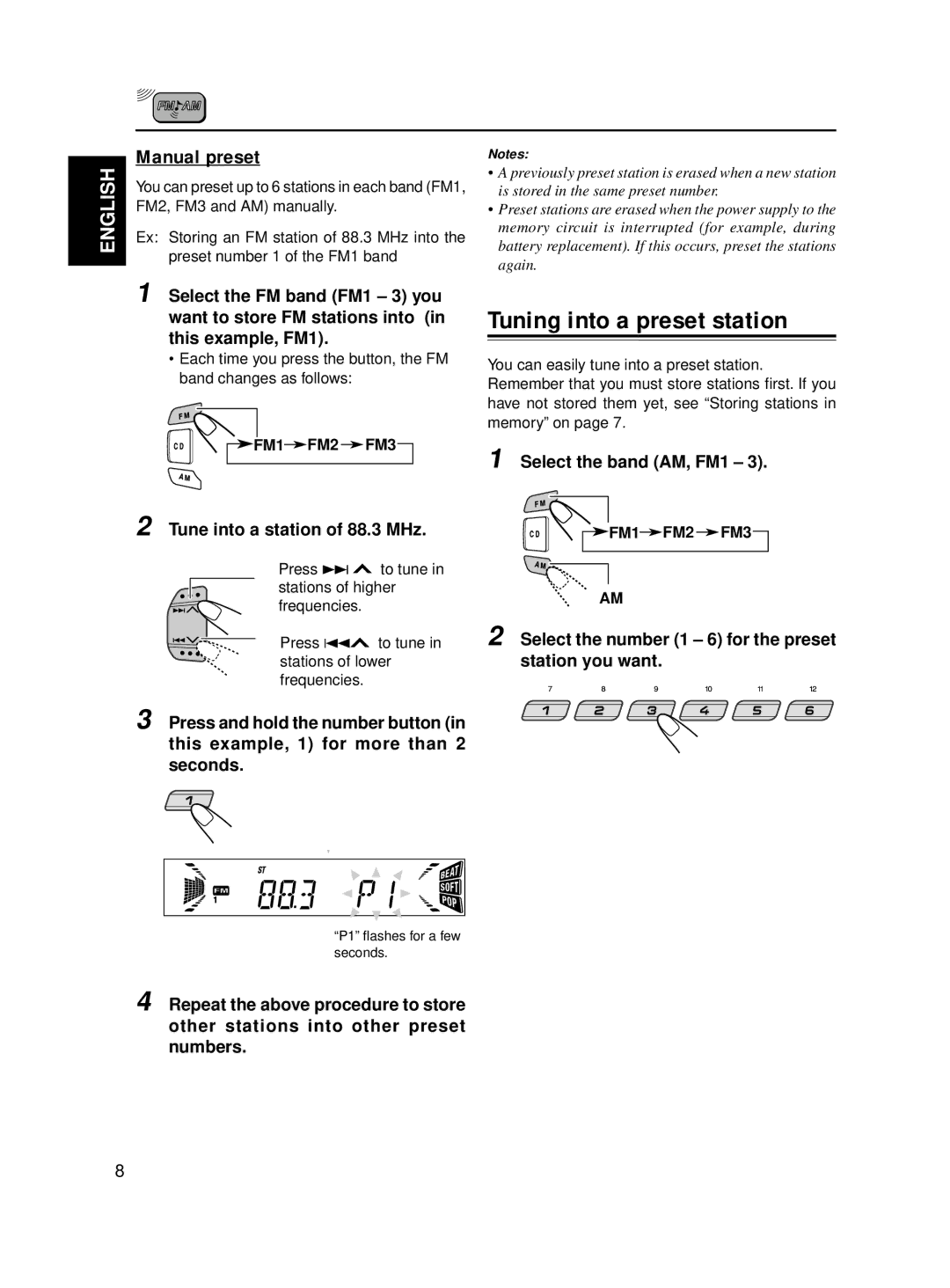 JVC KD-S811R manual Tuning into a preset station, Manual preset, Tune into a station of 88.3 MHz 