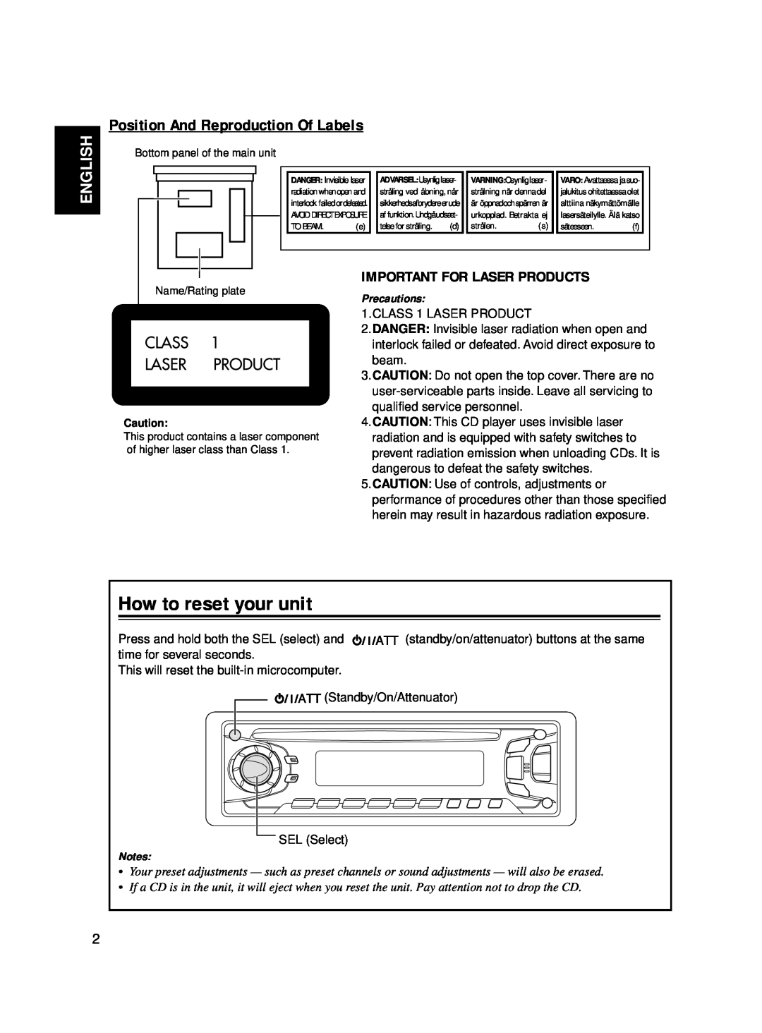 JVC KD-S811R manual How to reset your unit, Position And Reproduction Of Labels, English, Important For Laser Products 