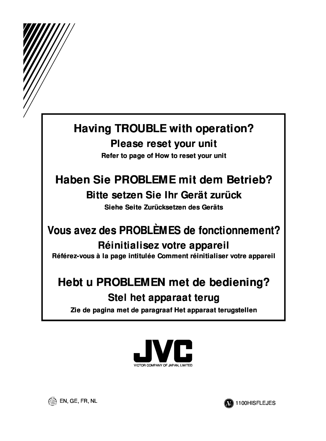 JVC KD-S811R manual Haben Sie PROBLEME mit dem Betrieb?, Hebt u PROBLEMEN met de bediening?, Please reset your unit 