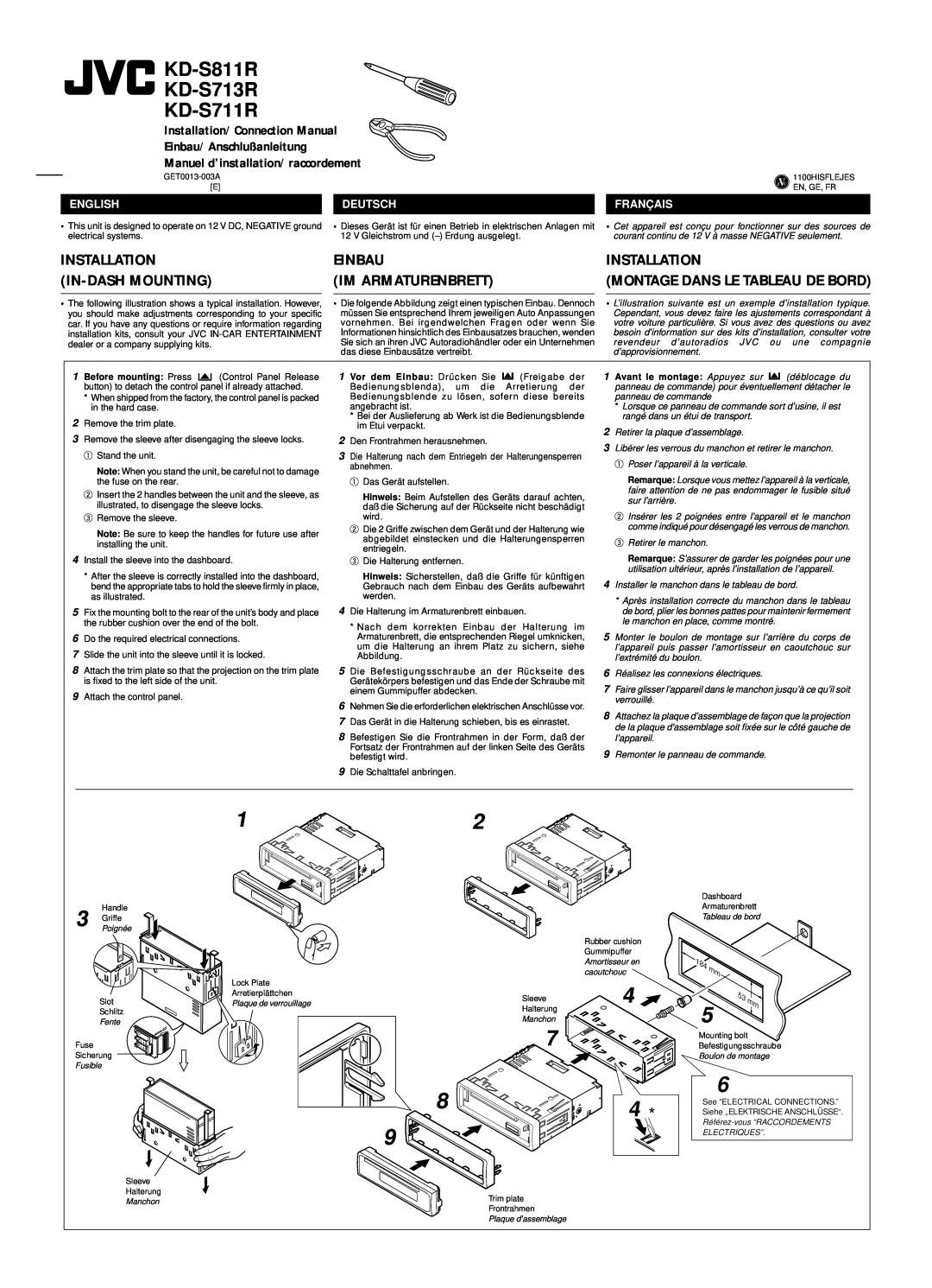 JVC manual KD-S811R KD-S713R KD-S711R, Einbau Im Armaturenbrett, Installation, English, Deutsch, Français 