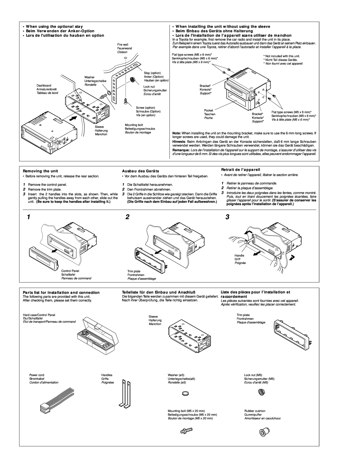 JVC KD-S811R manual When using the optional stay 
