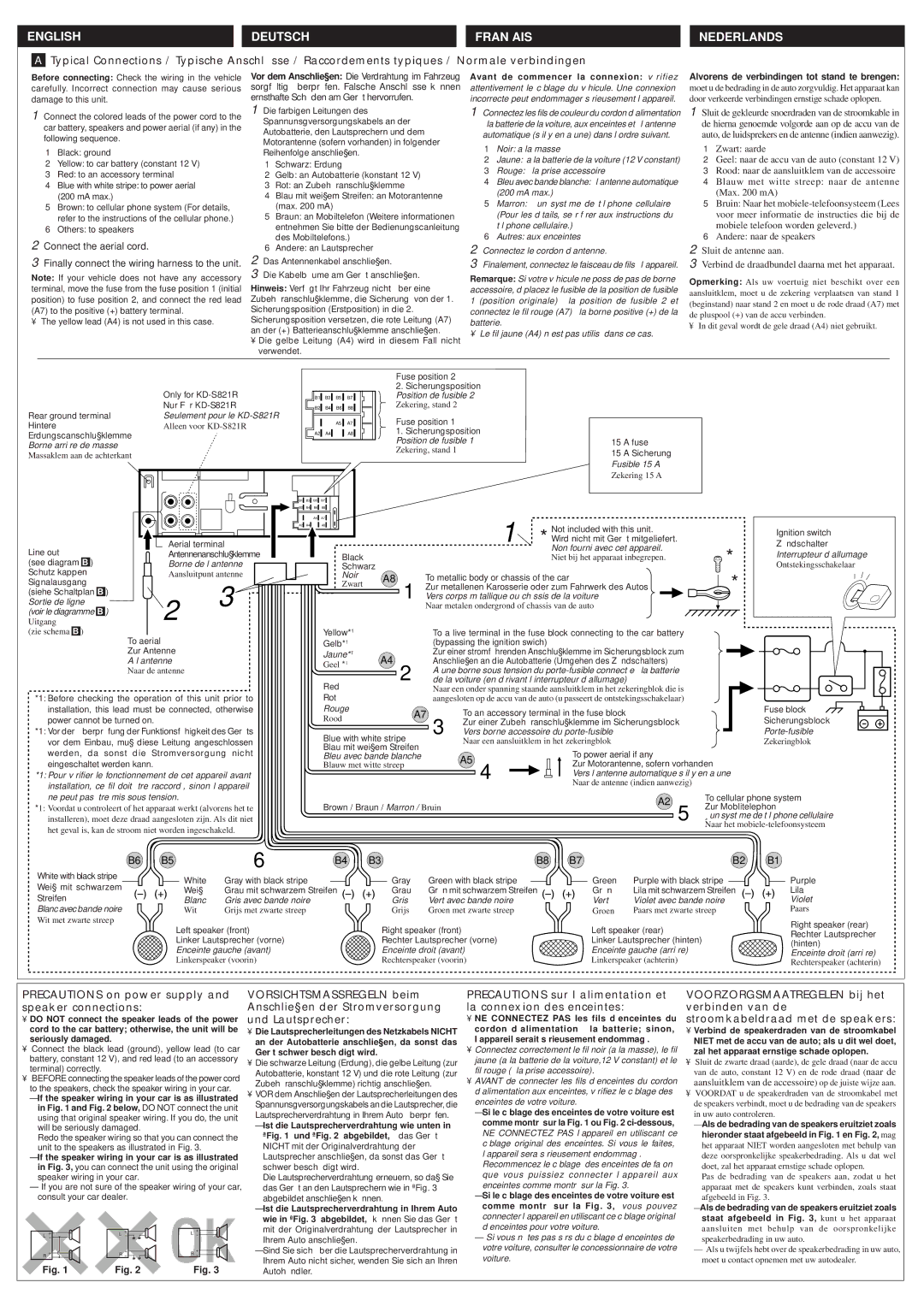 JVC KD-S821R, KD-S733R manual Precautions on power supply and speaker connections, Avant de commencer la connexion vérifiez 