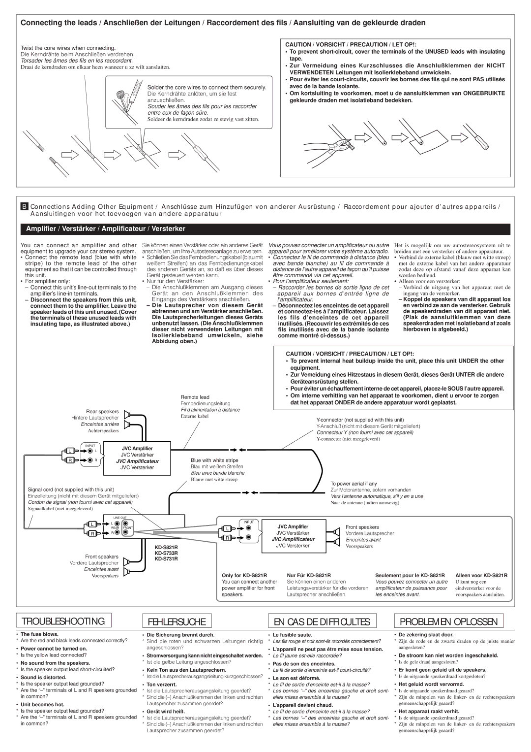 JVC KD-S733R, KD-S821R, KD-S731R manual Torsader les âmes des fils en les raccordant 