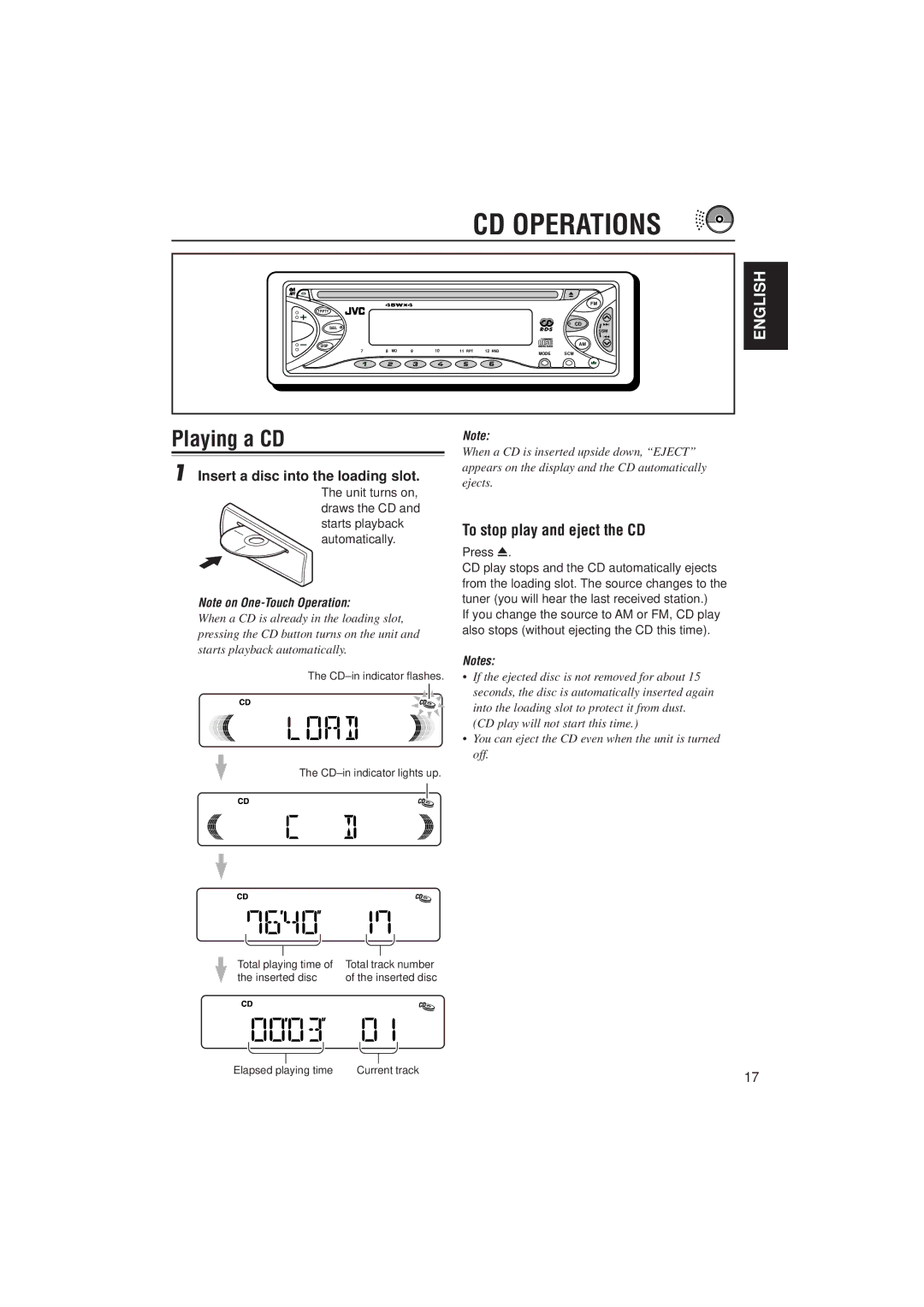 JVC KD-S723R, KD-S871R CD Operations, Playing a CD, To stop play and eject the CD, Insert a disc into the loading slot 