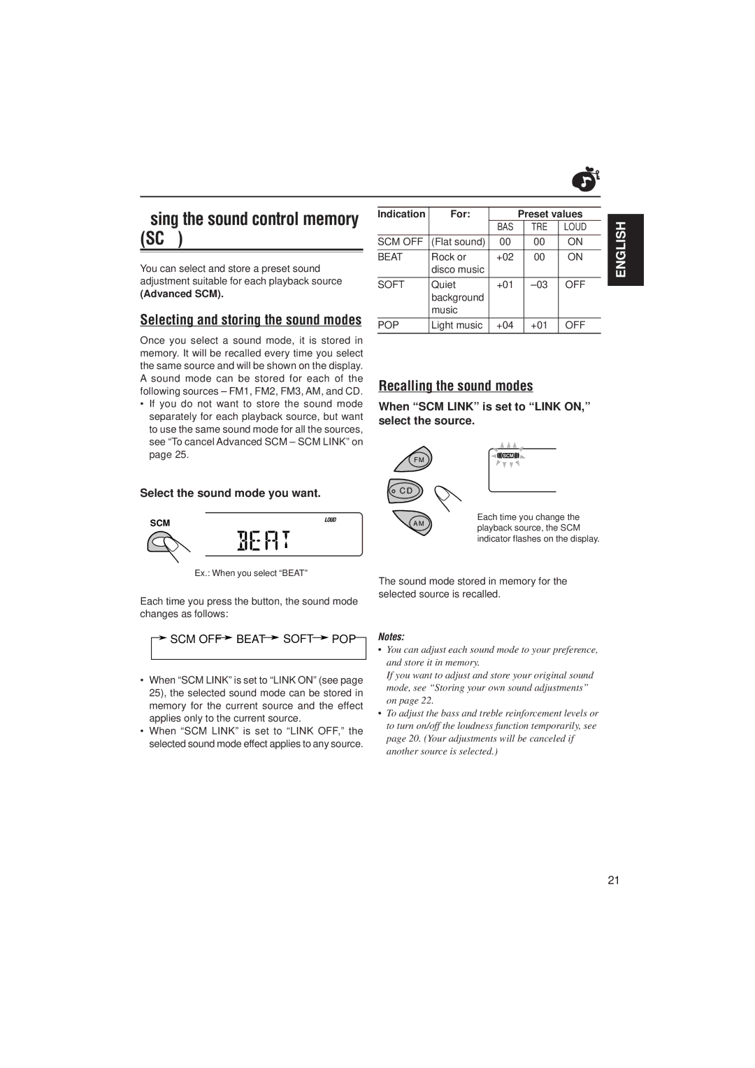 JVC KD-S871R manual Using the sound control memory SCM, Recalling the sound modes, Selecting and storing the sound modes 