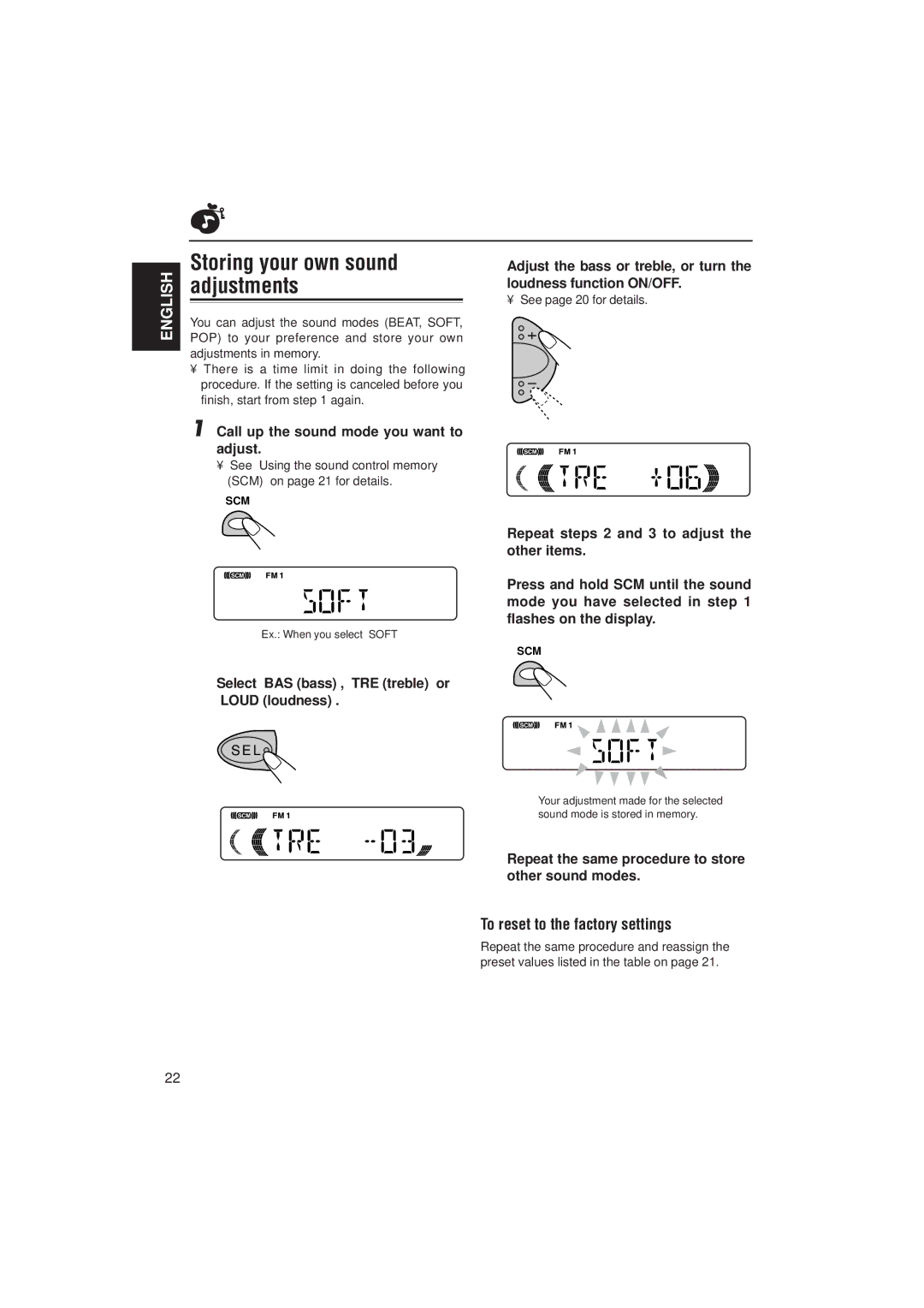 JVC KD-S721R, KD-S871R, KD-S723R manual Storing your own sound adjustments, To reset to the factory settings 