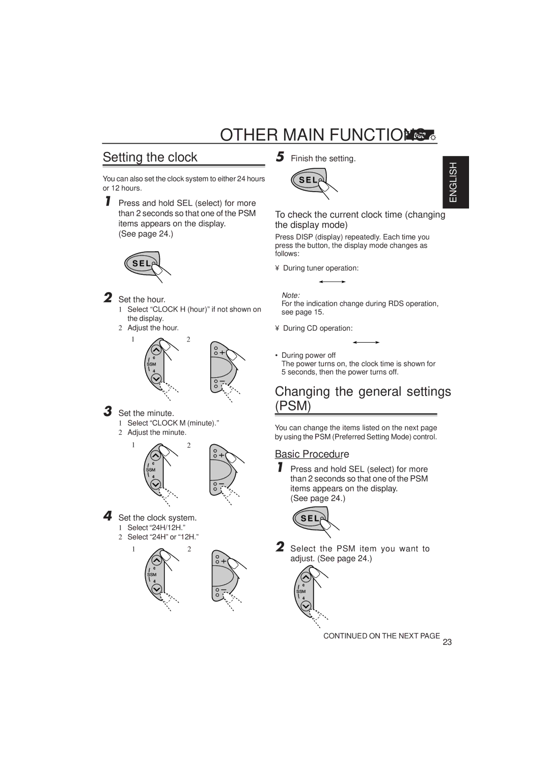 JVC KD-S723R, KD-S871R manual Other Main Functions, Setting the clock, Changing the general settings PSM, Basic Procedure 