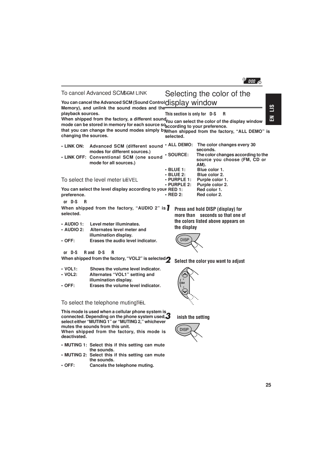 JVC KD-S721R Selecting the color of the display window, To cancel Advanced SCM SCM Link, To select the level meter Level 