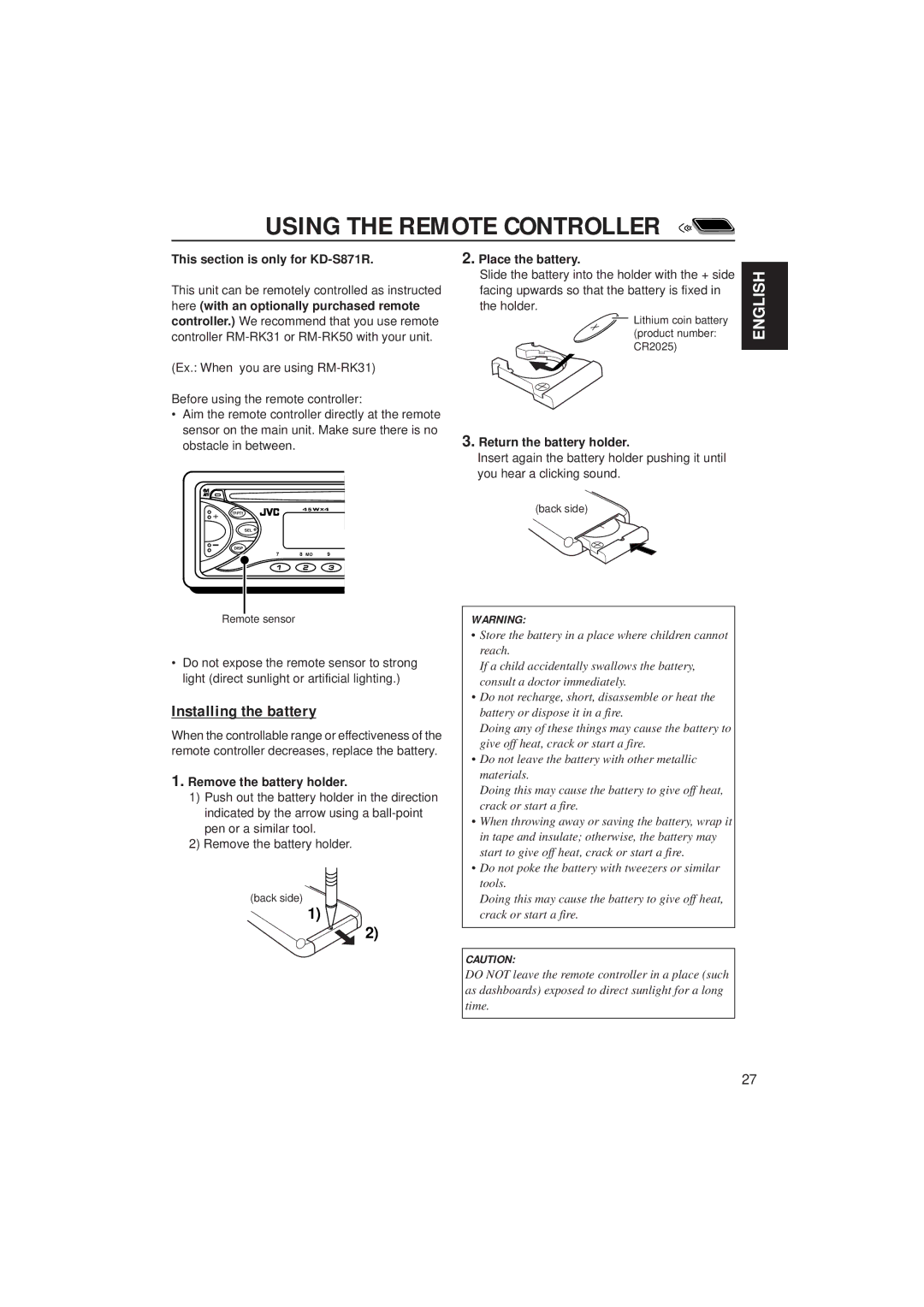 JVC KD-S871R, KD-S721R Using the Remote Controller, Installing the battery, Place the battery, Return the battery holder 