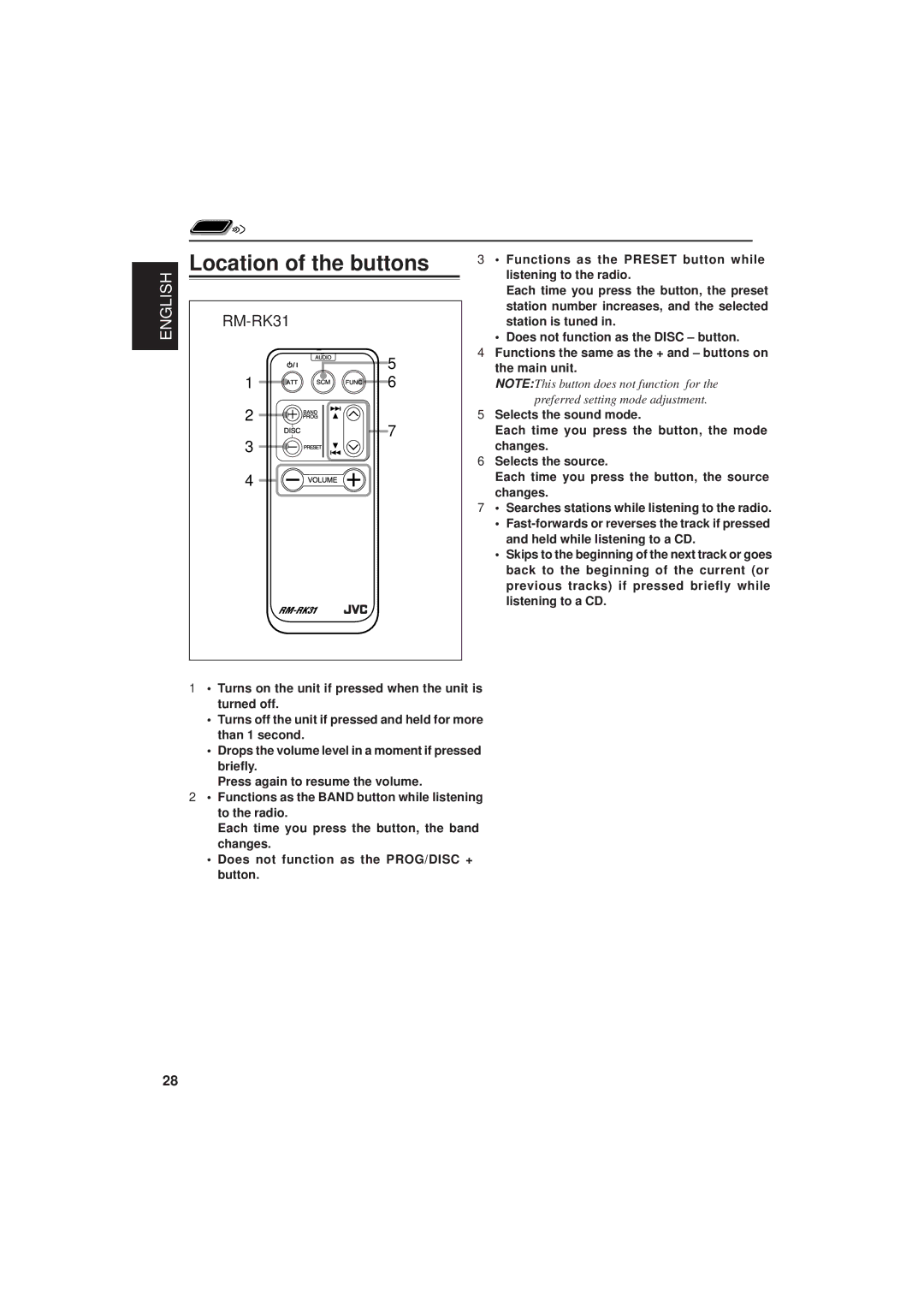 JVC KD-S721R, KD-S871R, KD-S723R manual Location of the buttons, RM-RK31 