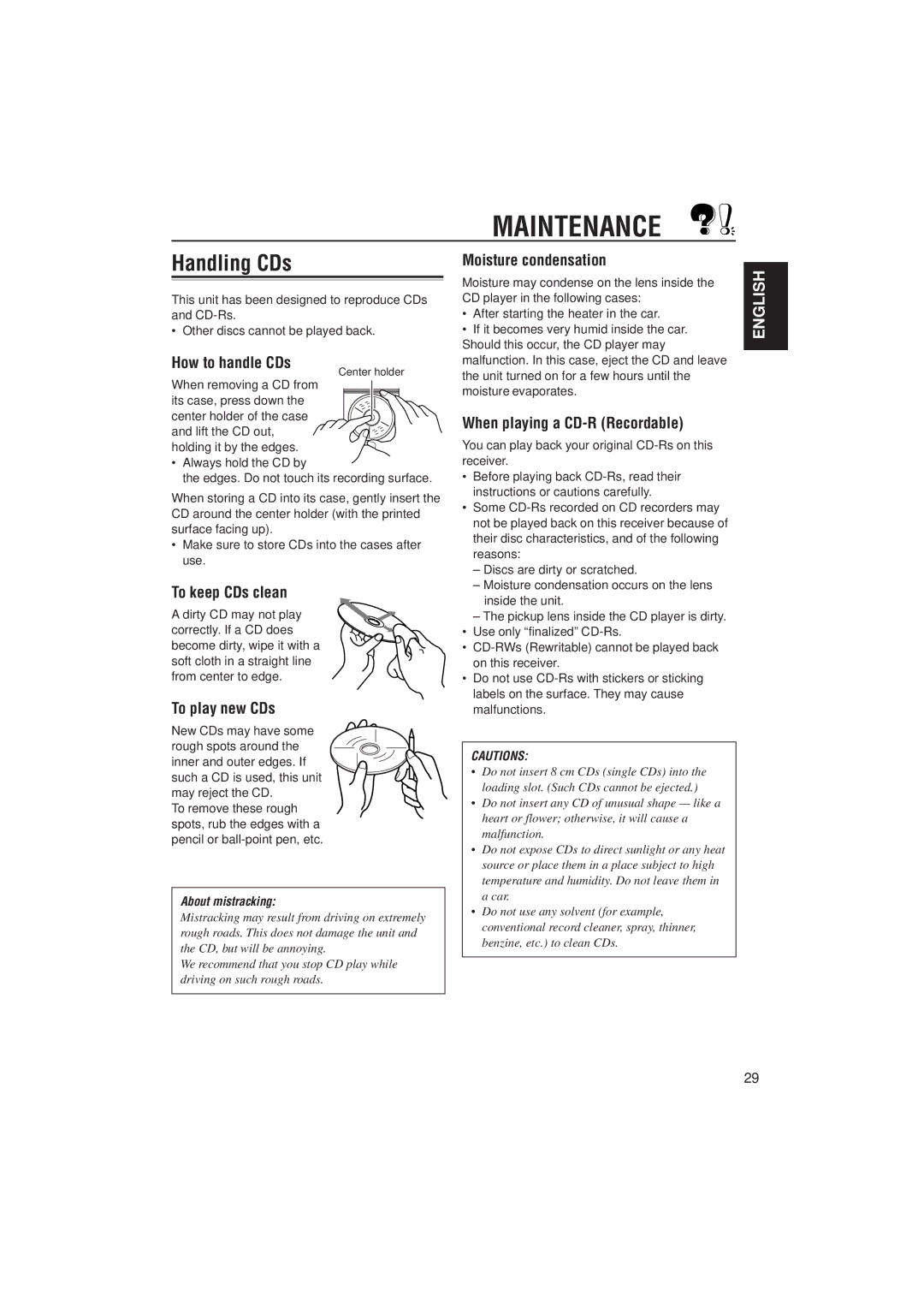 JVC KD-S723R, KD-S871R, KD-S721R manual Maintenance, Handling CDs 