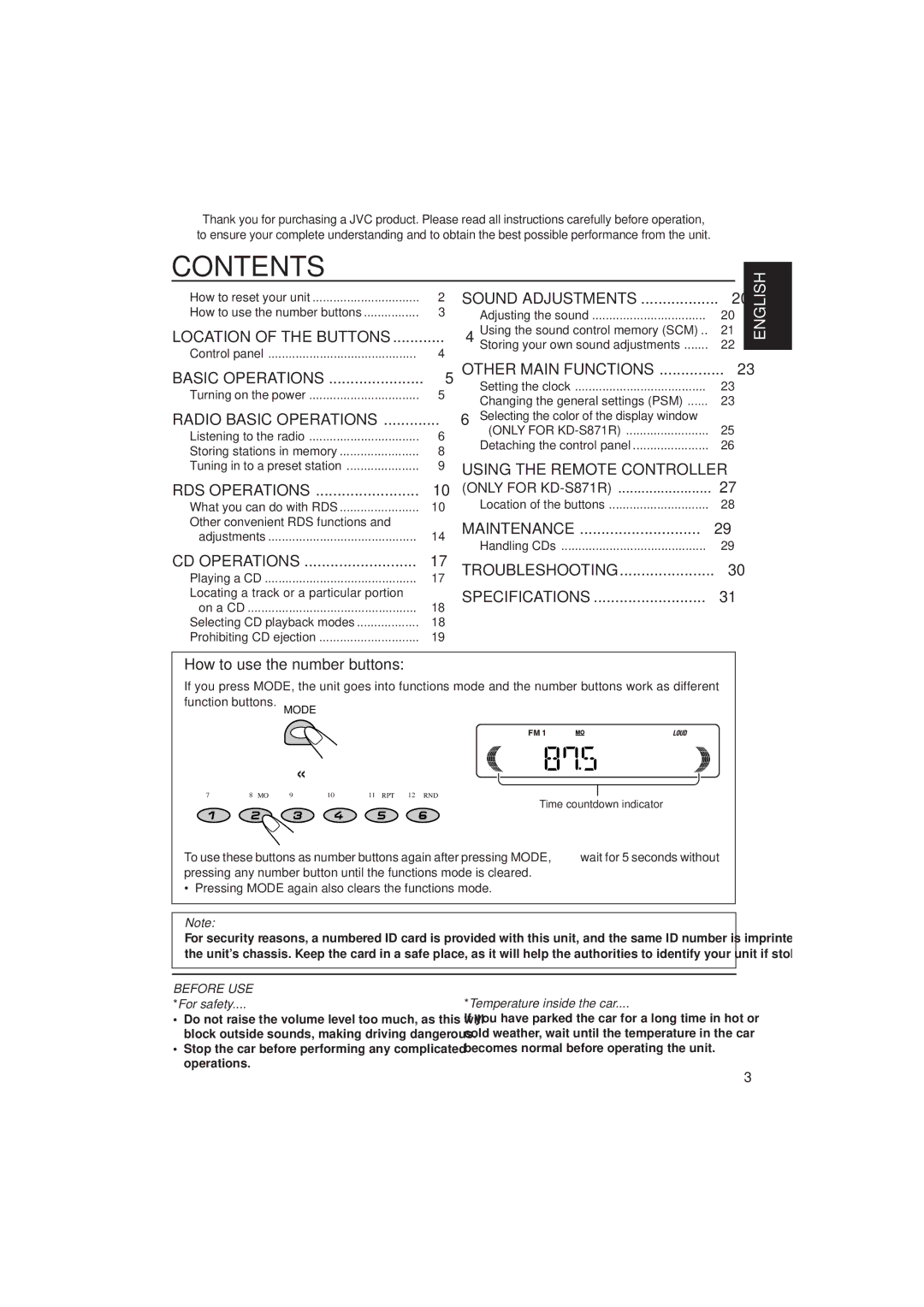 JVC KD-S871R, KD-S721R, KD-S723R manual Contents 