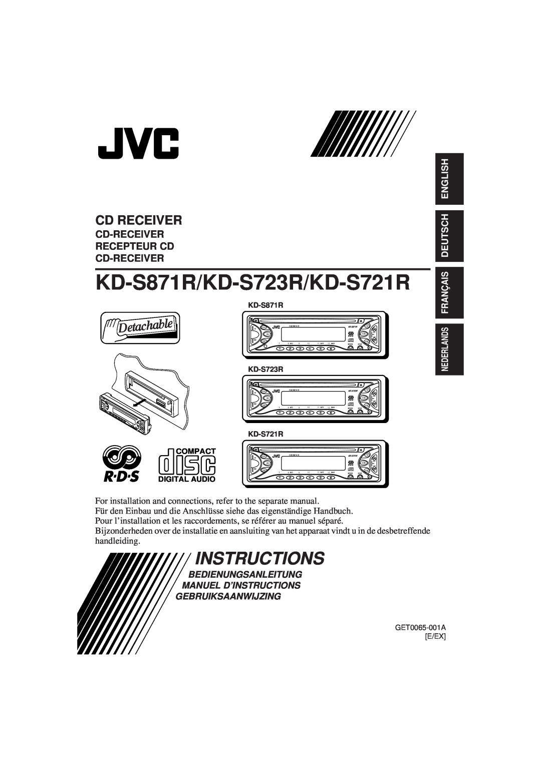 JVC KD-S721R manual Cd Receiver, Cd-Receiver Recepteur Cd Cd-Receiver, Nederlands Français Deutsch English, Instructions 